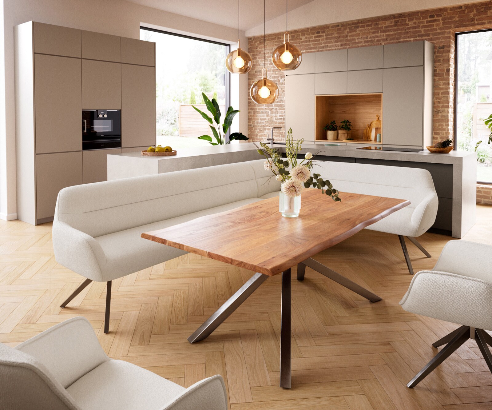 Banc-de-salle-à-manger Taya-Flex 285x190 cm bouclé crème-blanc pied croisé angulaire grafiete ressort ensaché liens 1