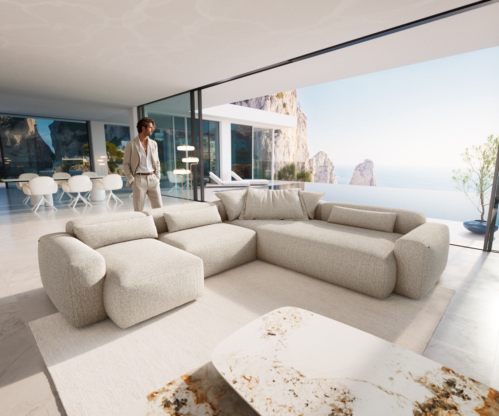 Canapé panoramique Freestyle 360x290 cm Tissu tissé doux Beige couture plate