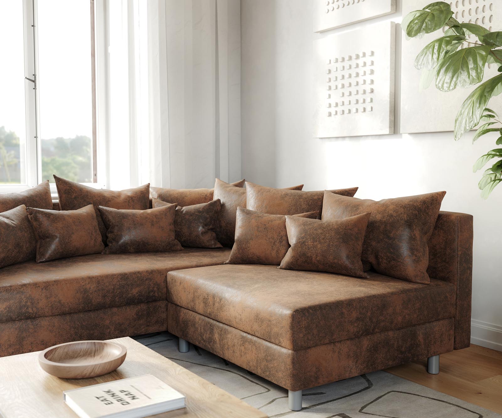 Canapé d'angle Clovis marron aspect antique ottoman gauche canapé module 4 Canapé d'angle Clovis marron aspect antique ottoman gauche canapé module 4