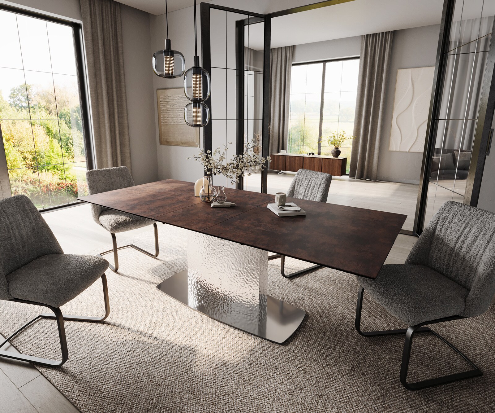 Table de salle à manger Edge 180-220x90 verre antique-brun Wave inox extensible 5