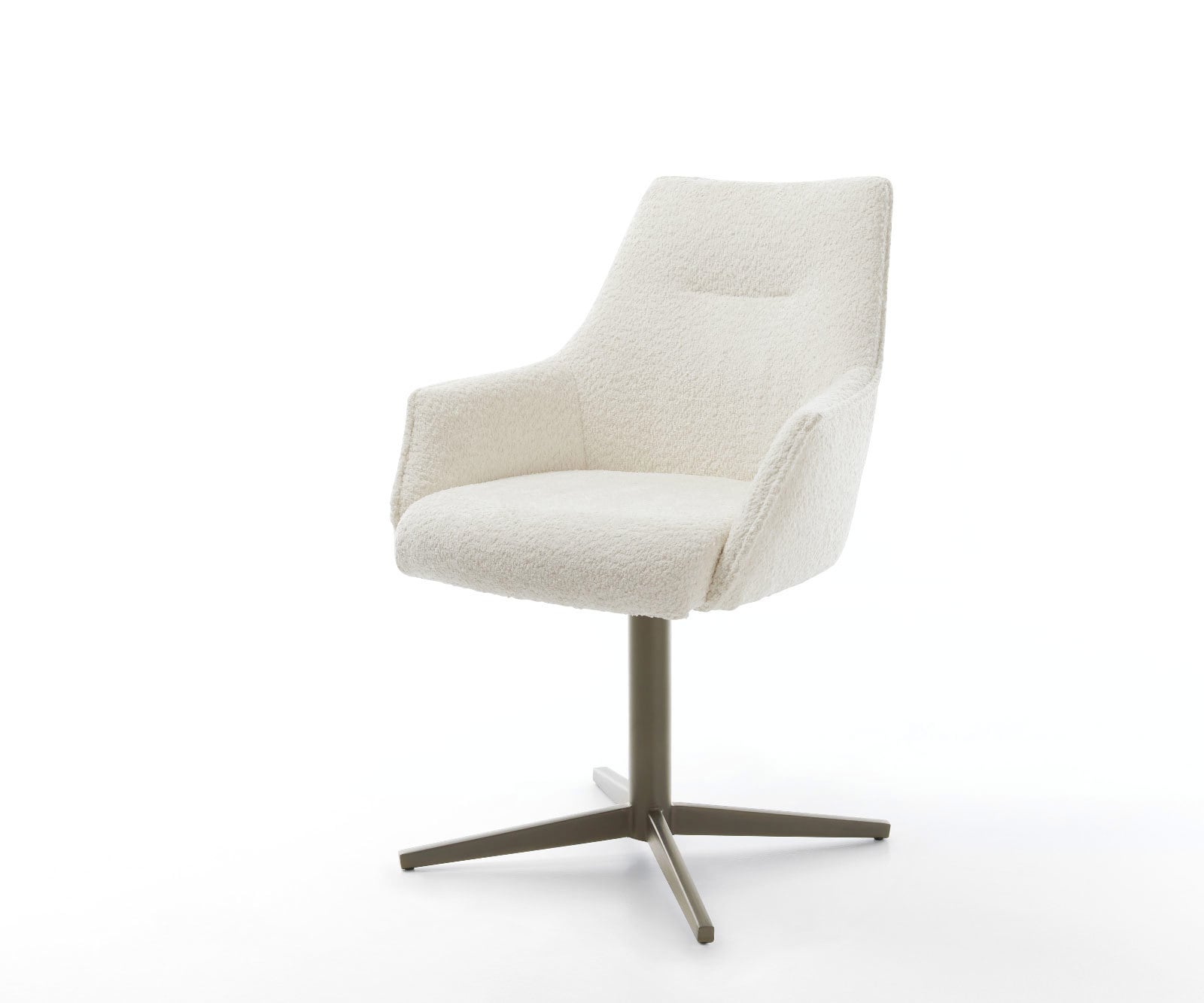 Chaise-pivotante Alja-Flex avec accoudoirs bouclé blanc pied de chaise 4 branches aspect titane pivotement sur 360° ressorts ensachés Chaise-pivotante Alja-Flex avec accoudoirs bouclé blanc pied de chaise 4 branches aspect titane pivotement sur 360° ressorts ensachés