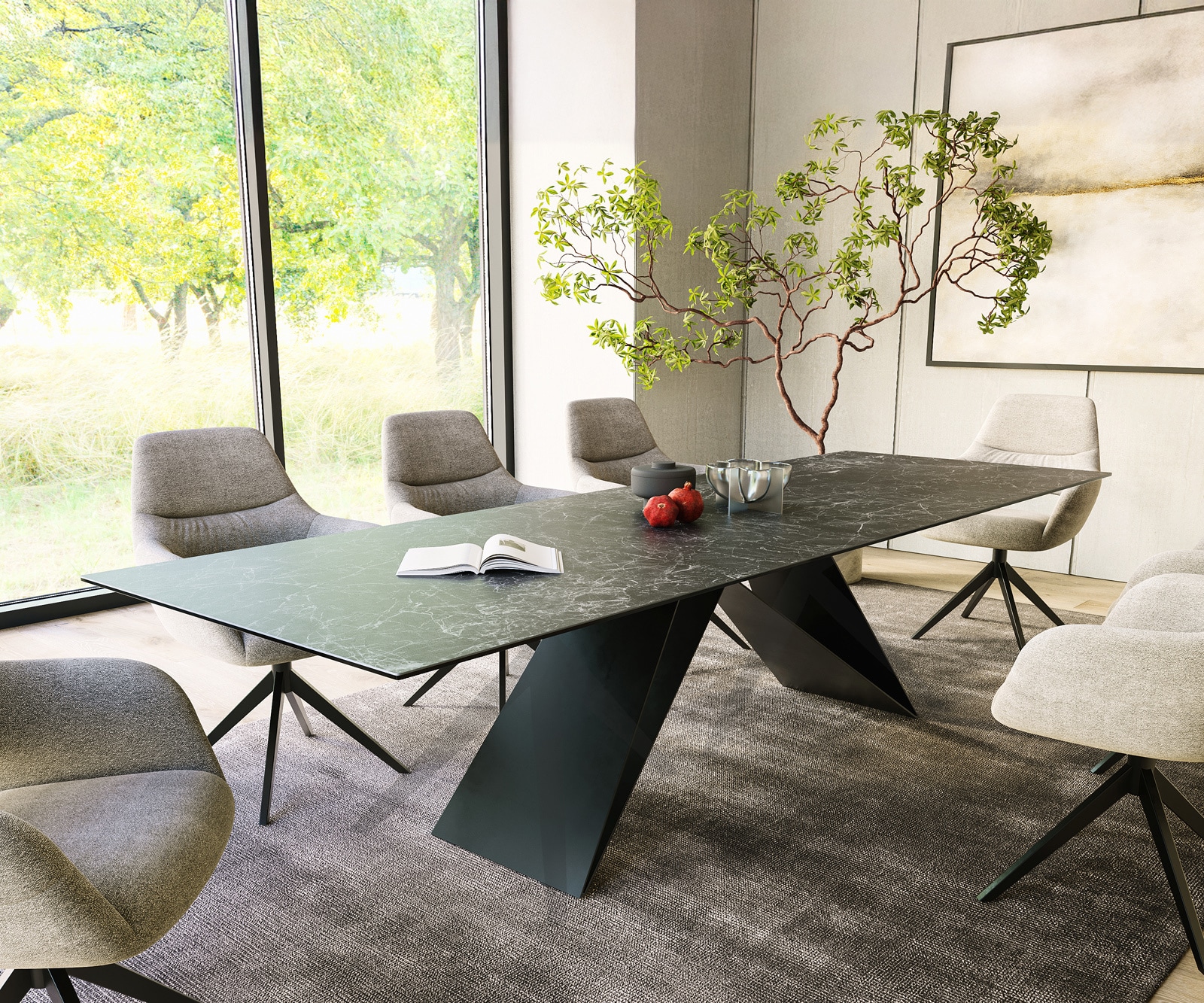 Table-à-manger Edge 300x100cm Laminam® céramique gris V-pieds milieu noir