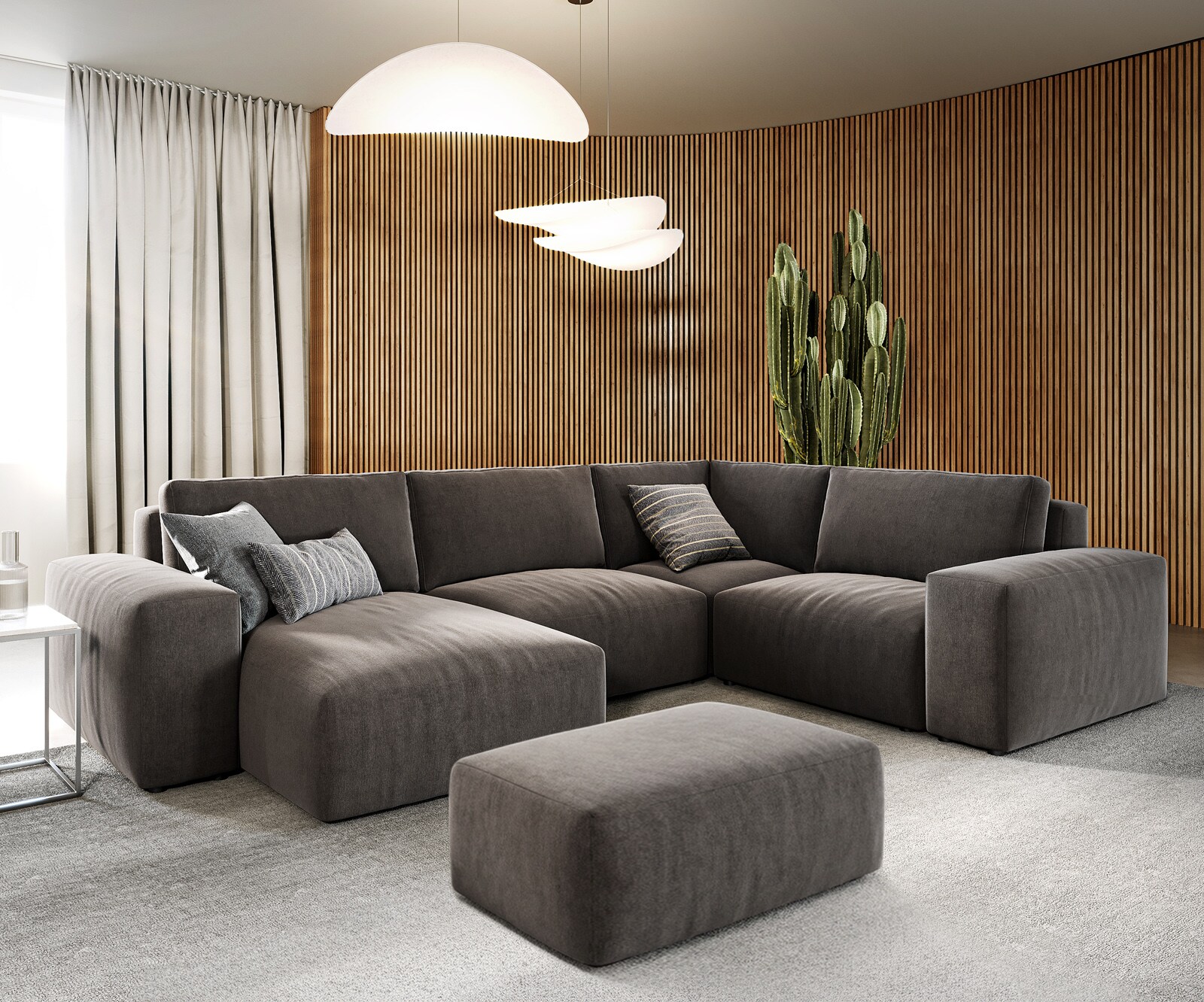 Grand canapé d’angle Lanzo 300x210 cm microfibre brun kaki méridienne réversible avec pouf 1