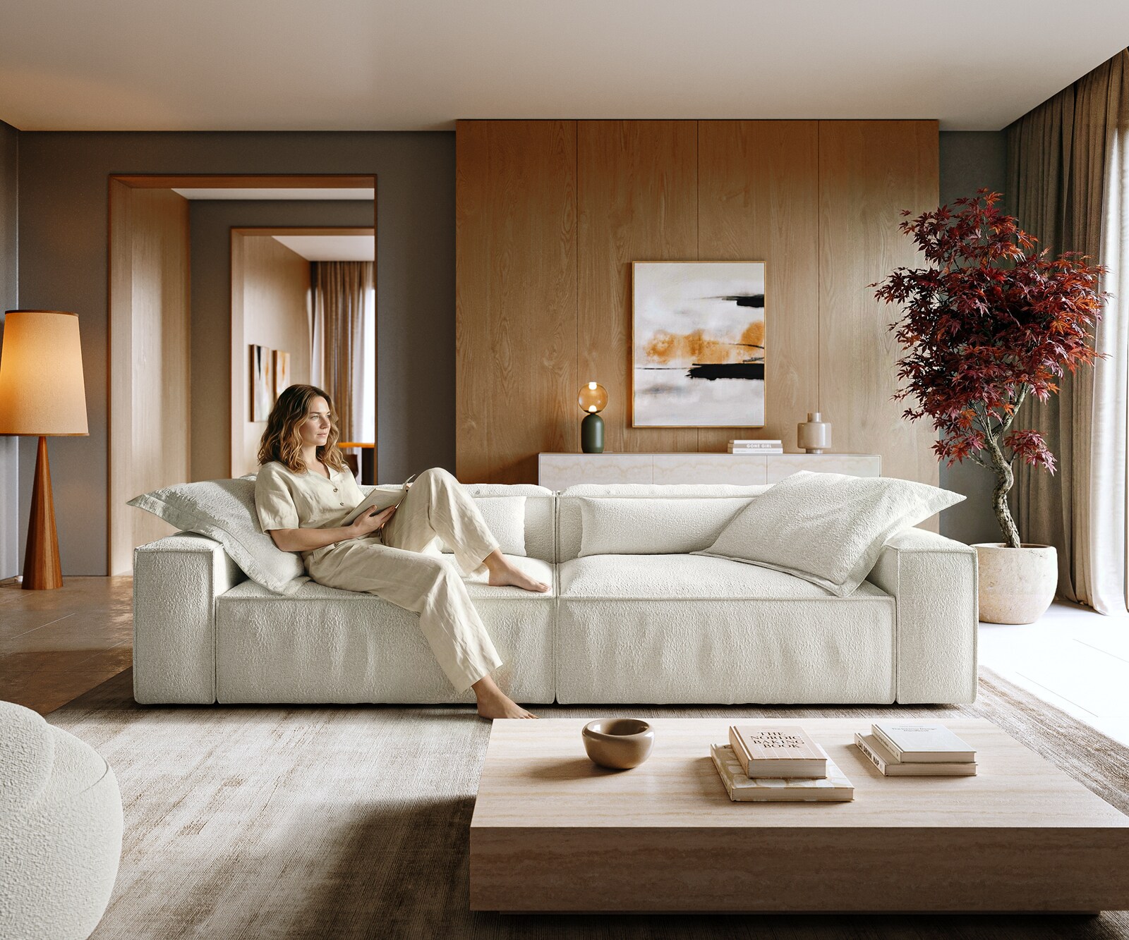 Bigsofa Freestyle 280x110 cm Bouclé Crème-blanc couture passepoilée