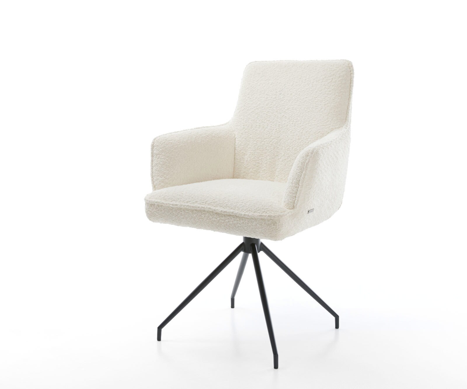 Chaise-pivotante Heira-Flex avec accoudoirs bouclé blanc pied croisé conique noir pivotement sur 180° ressorts ensachés