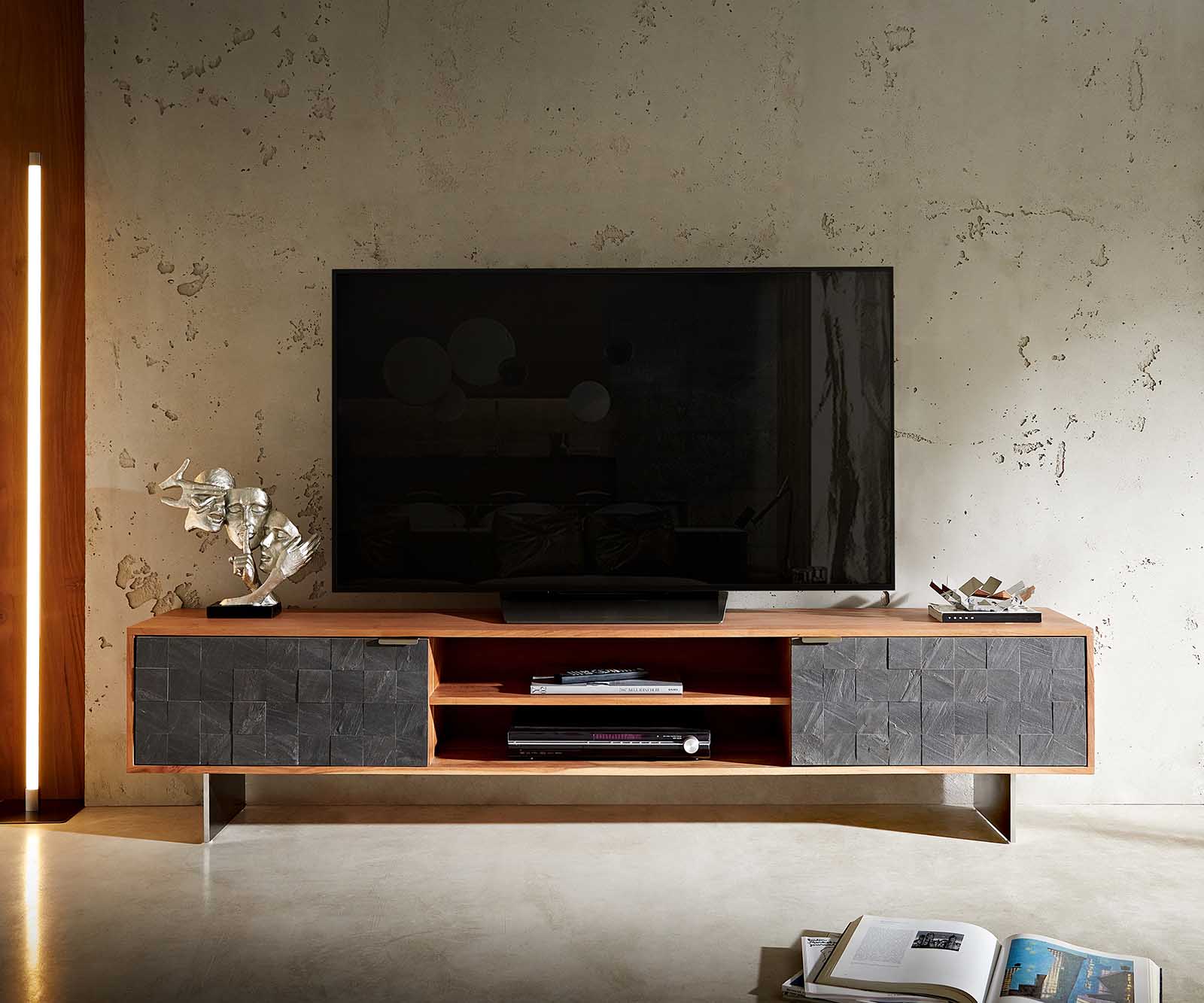 Meuble-TV Teele 200 cm acacia naturel ardoise 2 portes pied flottant inoxydable 6 Meuble-TV Teele 200 cm acacia naturel ardoise 2 portes pied flottant inoxydable 6