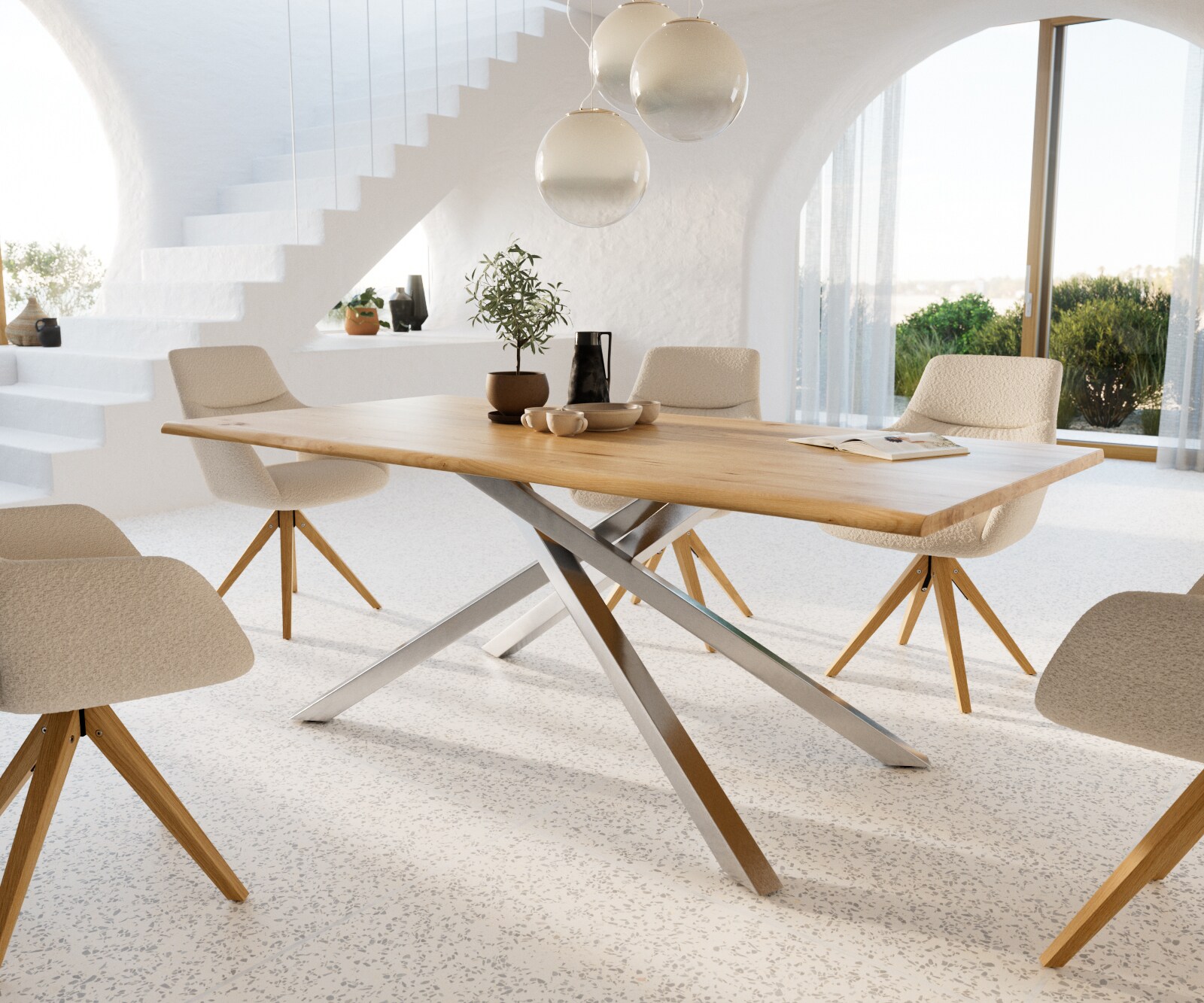 Table à manger Edge 200x100x2,5-3 chêne nature cadre croisé rectangle acier inoxydable Live-Edge