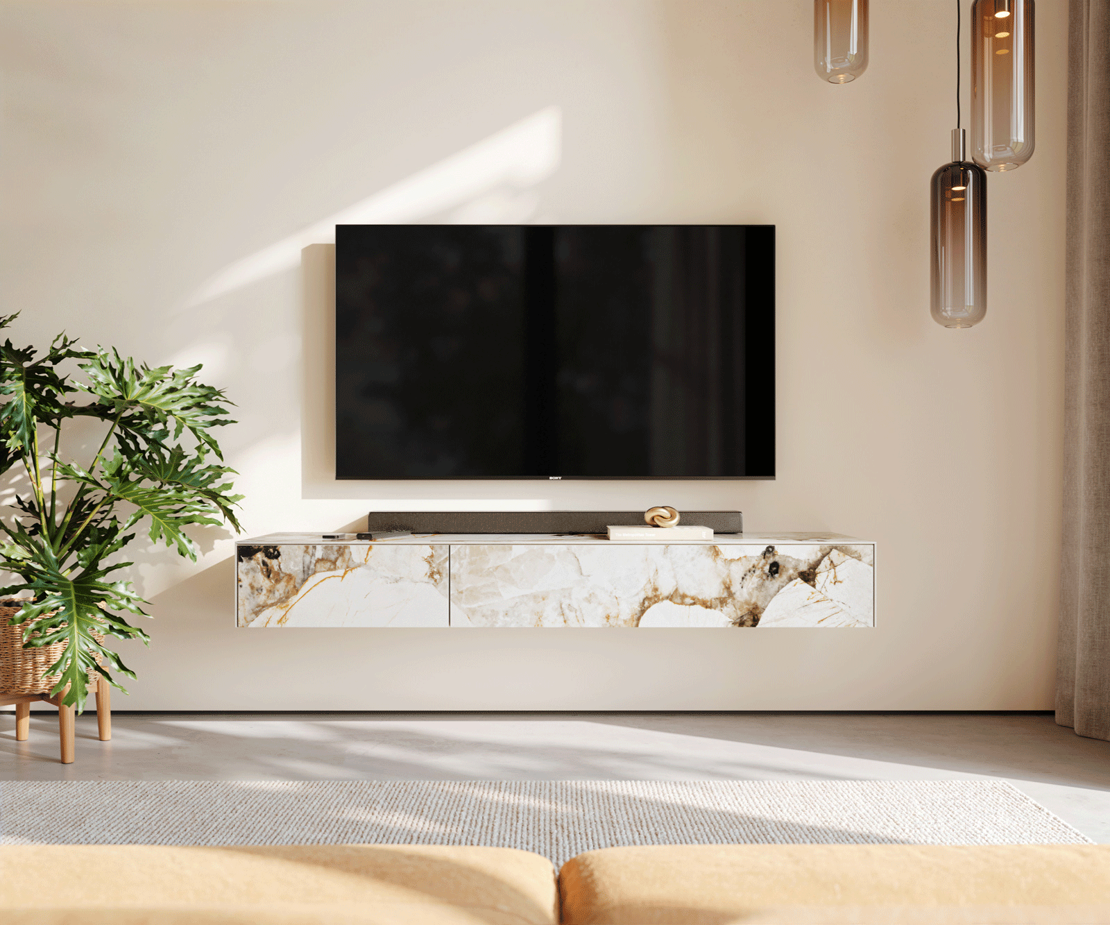 Meuble-TV Cuor 150 cm Céramique Patagonia raffinée 1 Clapet 1 Tiroir Flottant 2