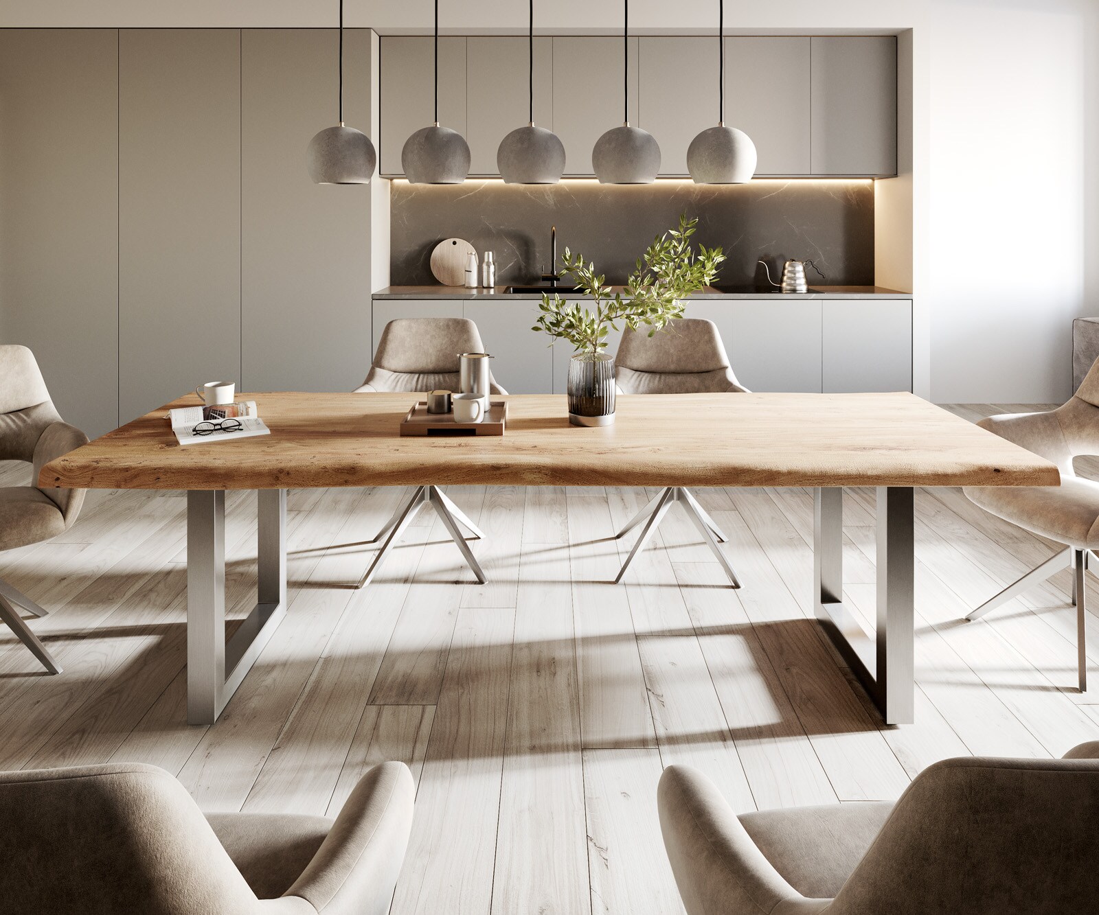 Table-à-manger Edge 260x100 XL acacia nature acier inoxydable large Live-Edge 1