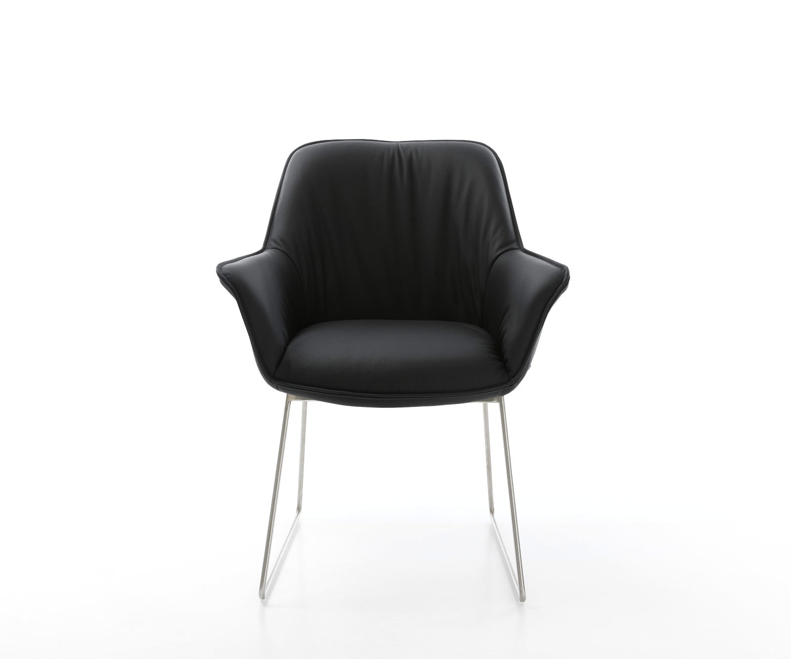 Chaise-de-salle-à-manger Keila-Flex avec accoudoirs cuir de vache noir pied trapèze acier inoxydable brossé 2 Chaise-de-salle-à-manger Keila-Flex avec accoudoirs cuir de vache noir pied trapèze acier inoxydable brossé 2