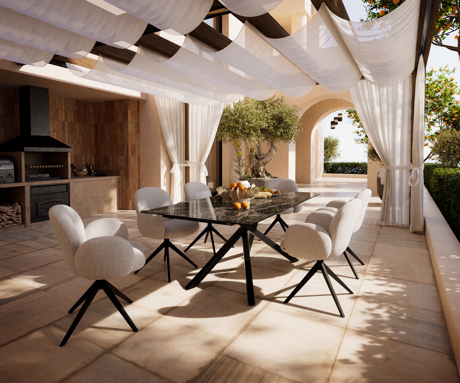 Table d’extérieur Edge 200x100 cm céramique Laminam® Emperador Extra Lucidato brun foncé piètement croisé rectangulaire noir 6