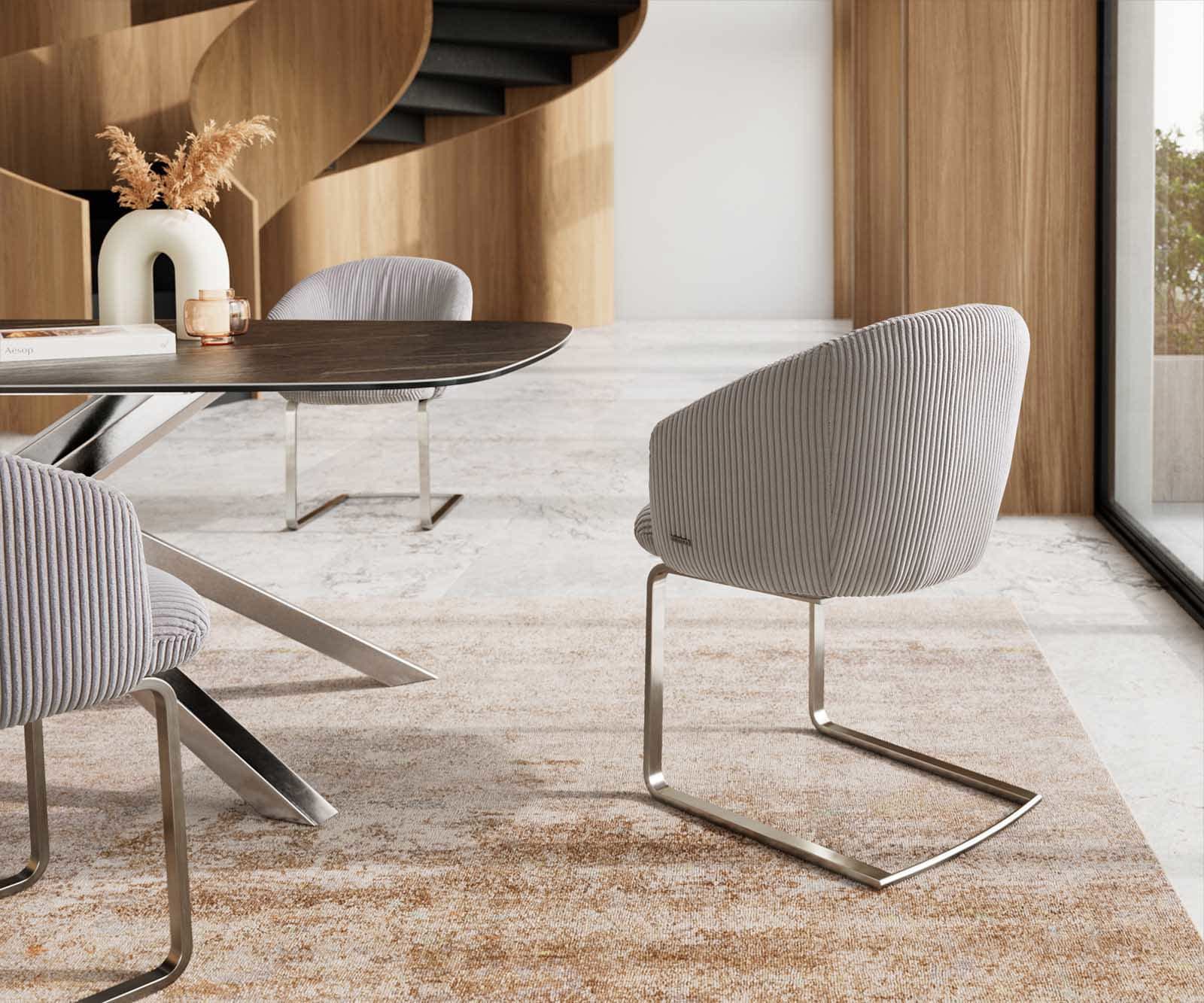 Cantilever Caja-Flex avec accoudoirs côtelé gris argenté pied cantilever plat acier inoxydable brossé ressorts ensachés 4 Cantilever Caja-Flex avec accoudoirs côtelé gris argenté pied cantilever plat acier inoxydable brossé ressorts ensachés 4