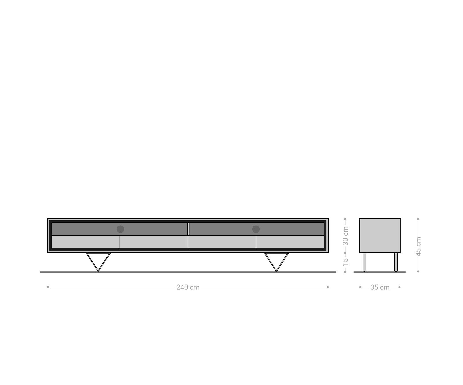 Buffet bas Stonegrace 240 cm acacia nature 2 compartiments 4 tiroirs placage en pierre pieds en V 6