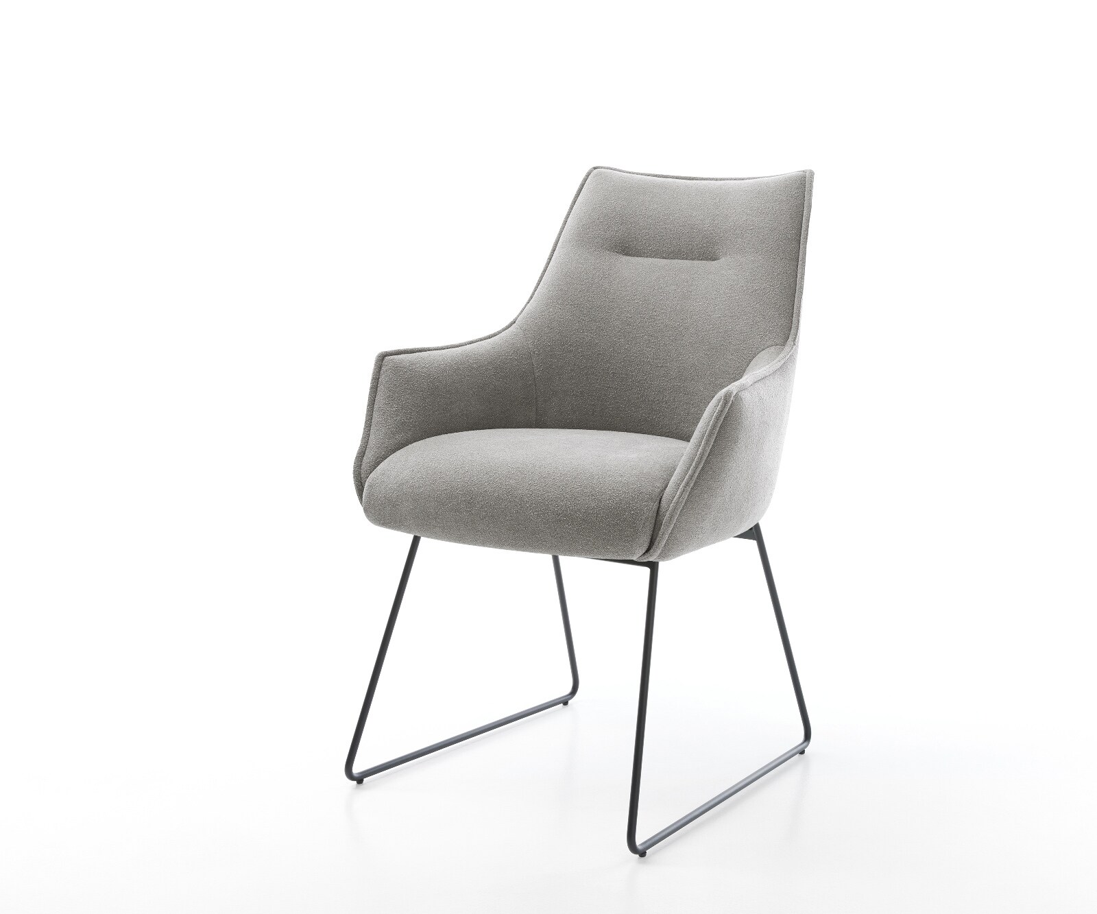Chaise-de-salle-à-manger Alja-Flex avec accoudoirs tissu structuré doux gris pied trapèze noir resorts ensachés