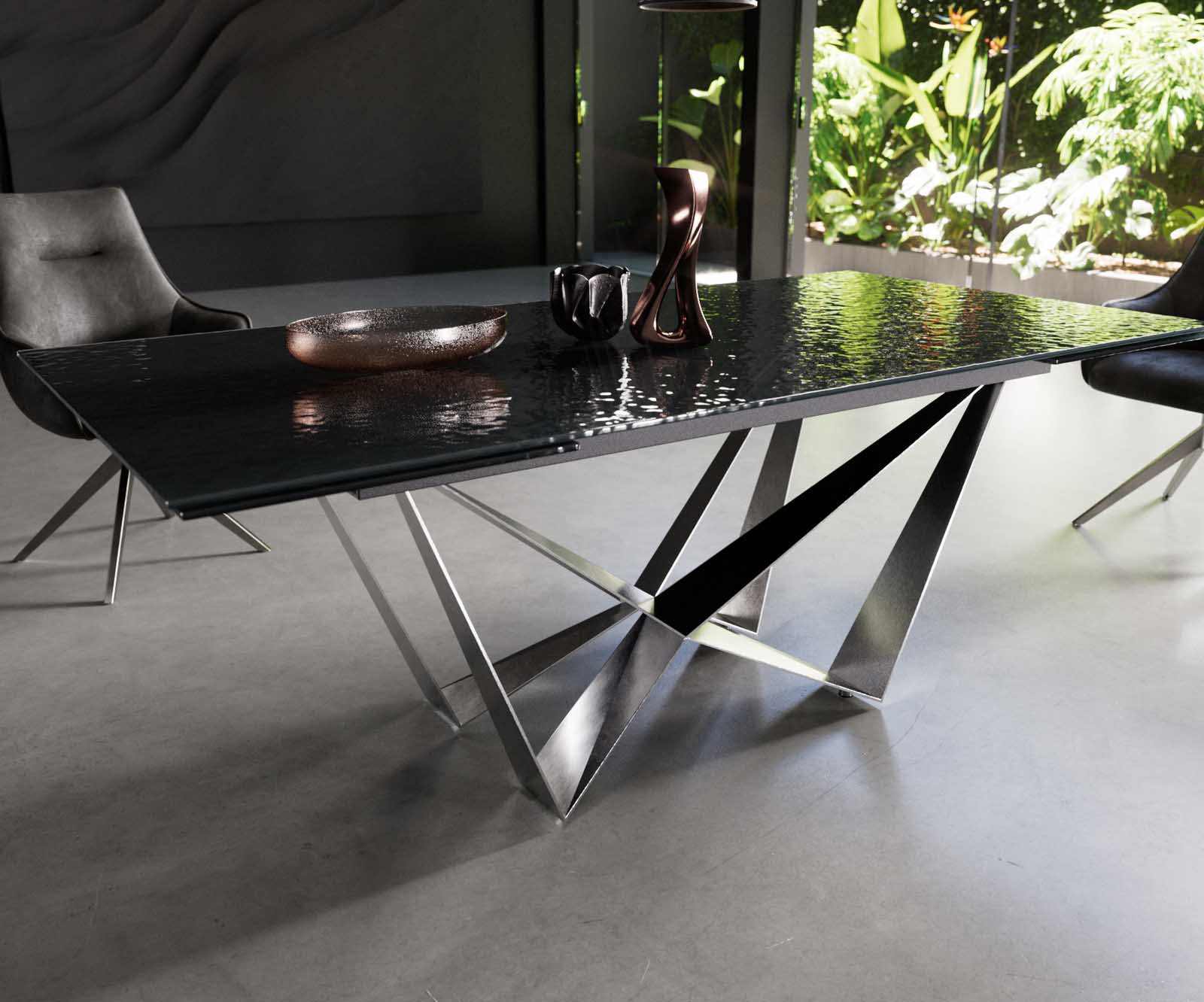 Table à manger Edge 200-300x100 verre fondu noir fumé relief en 3D Spider acier plat acier inoxydable extensible 4