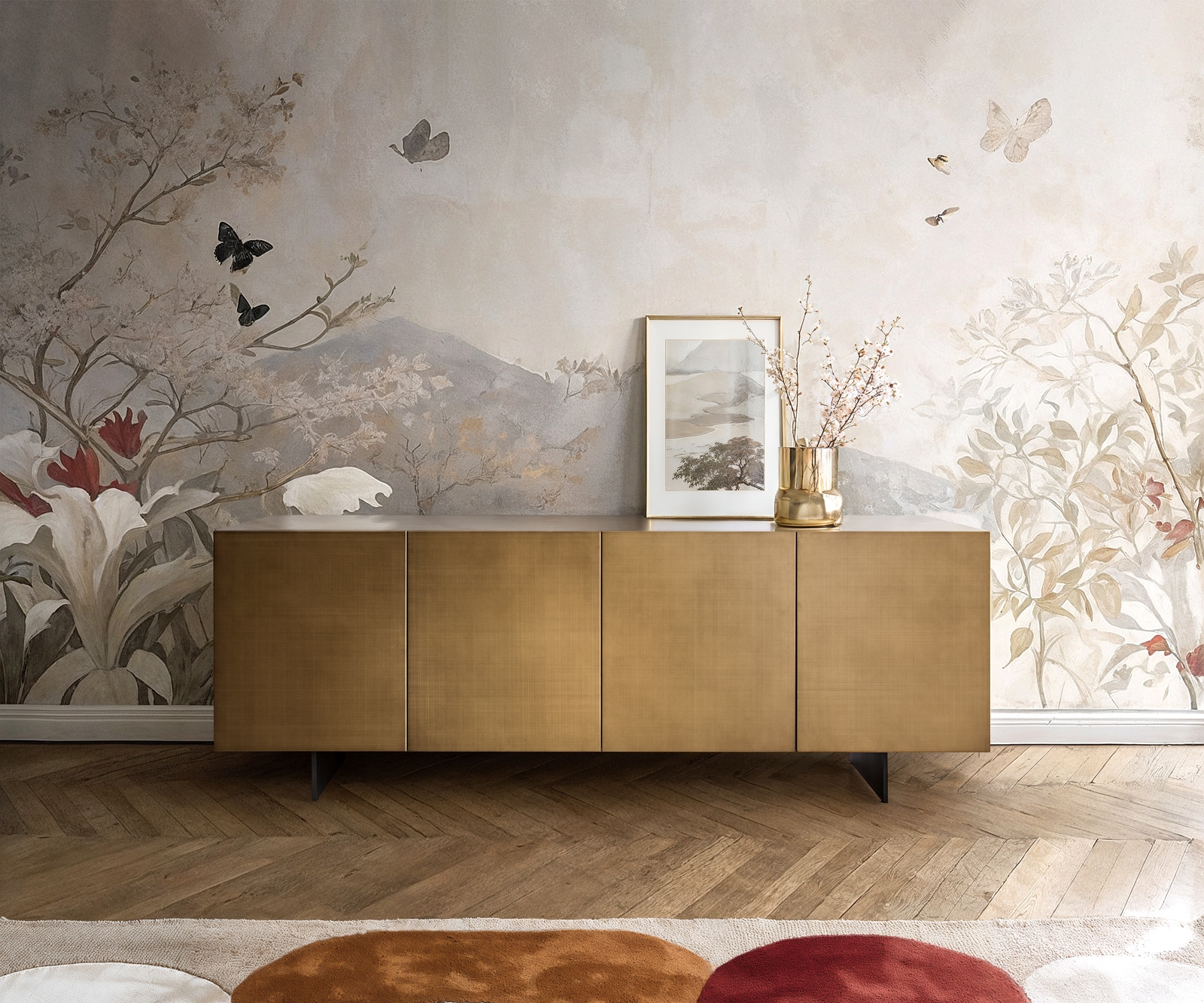 Buffet Aira 200 cm or métallique 4 portes flottantes métal noir Buffet Aira 200 cm or métallique 4 portes flottantes métal noir