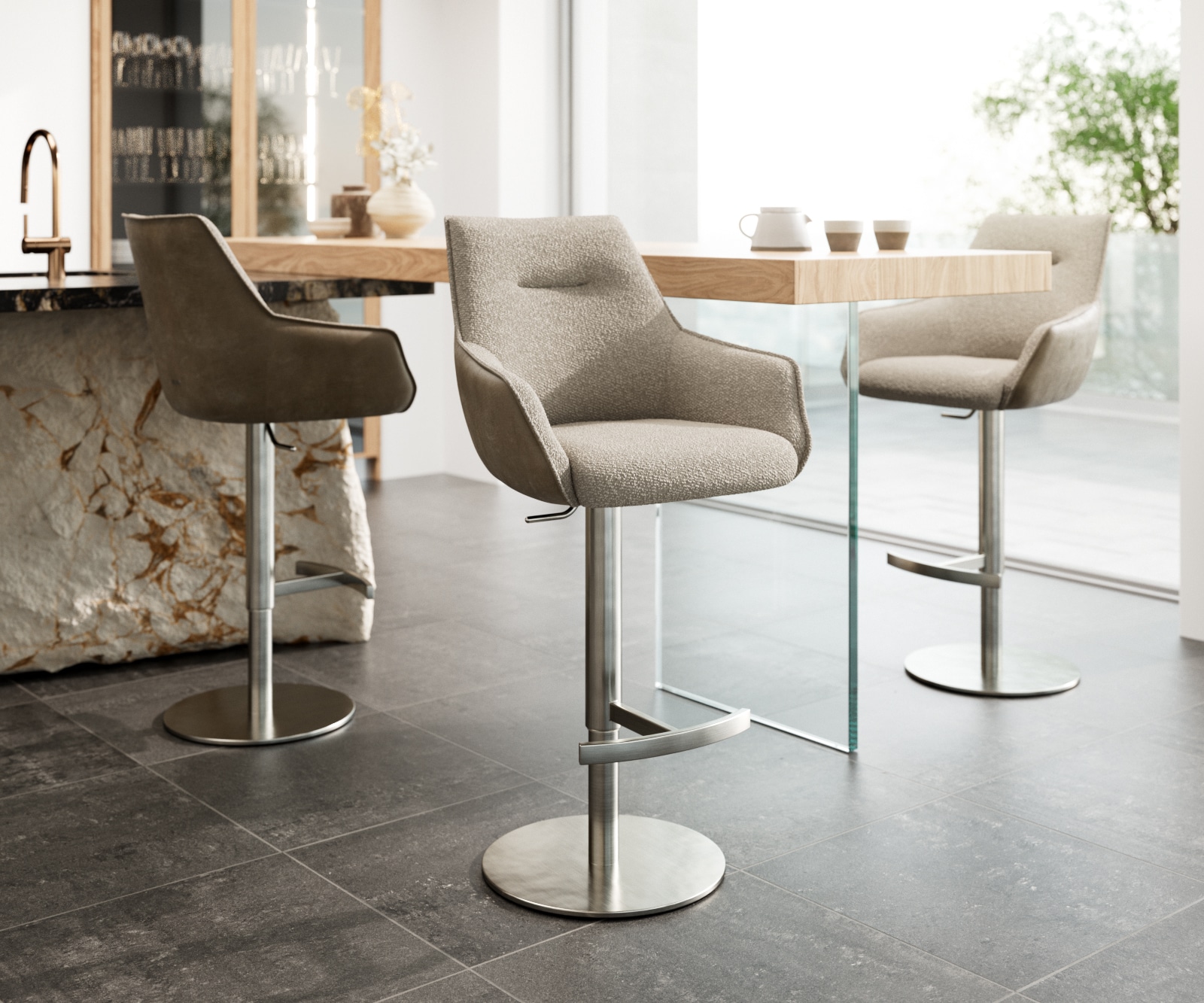 Chaise-de-bar Alja-Flex Mélange de matériaux Microfibre boue / Bouclé boue Pied pivotant Hauteur réglable Acier inoxydable pivotant Ressorts ensachés