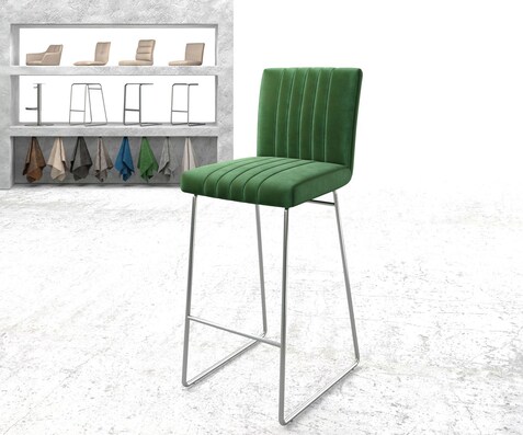Chaise-de-bar Luiga-Flex velours vert cadre de patins acier inoxydable