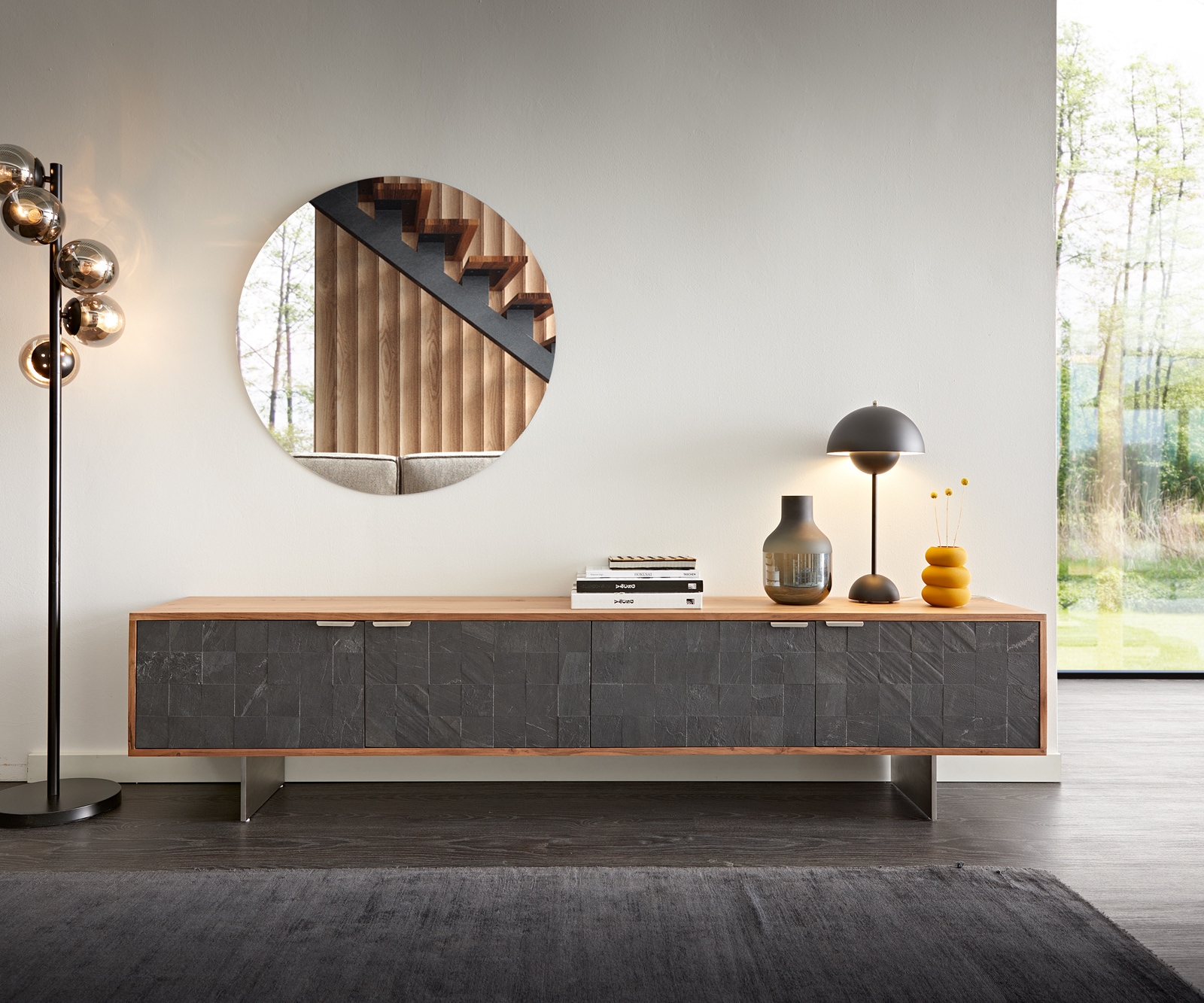 Meuble-TV Teele 200 cm acacia naturel ardoise 4 portes pied flottant inoxydable 2 Meuble-TV Teele 200 cm acacia naturel ardoise 4 portes pied flottant inoxydable 2