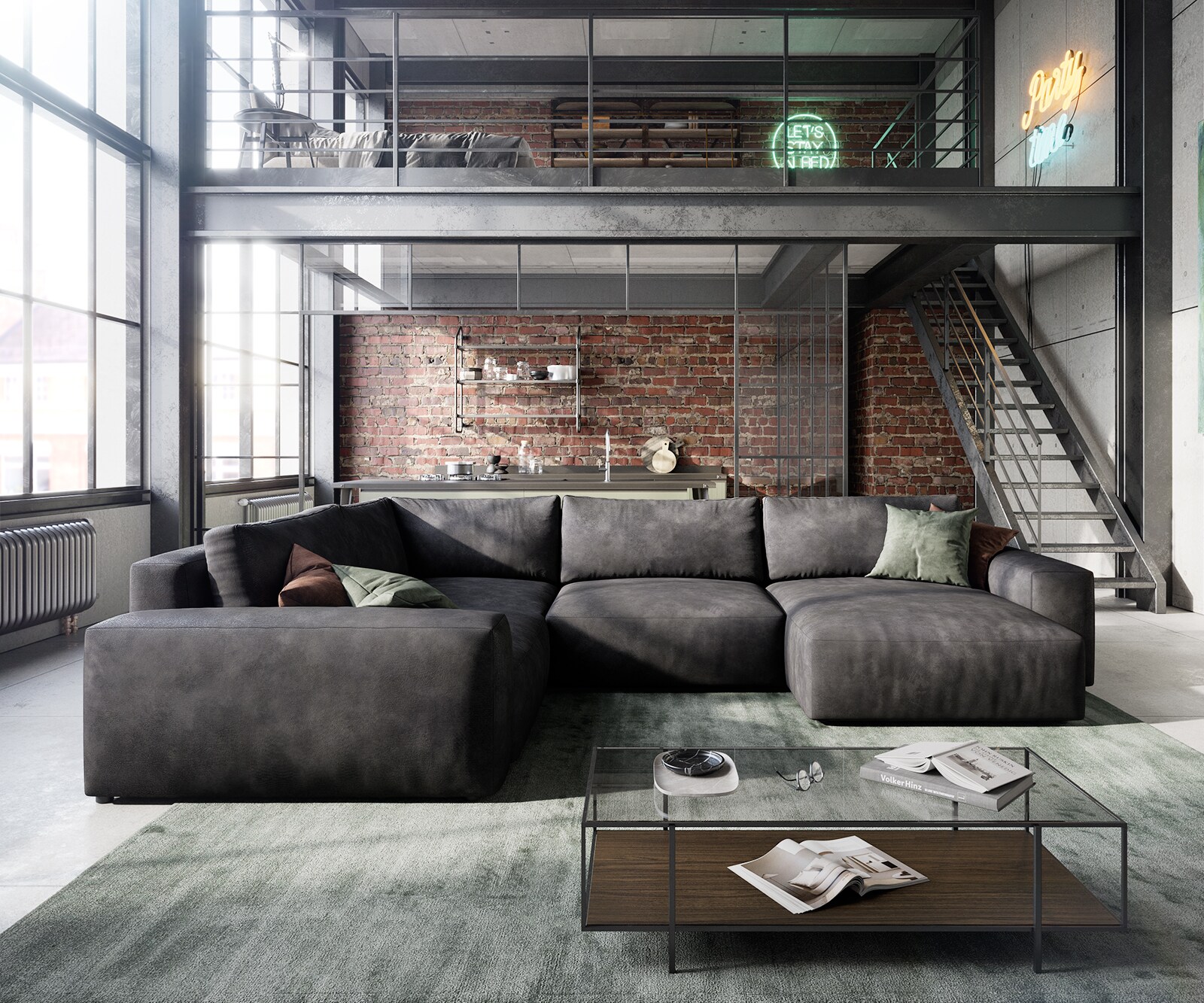 Grand canapé d’angle Lanzo 300x210 cm similicuir vintage anthracite méridienne réversible 1