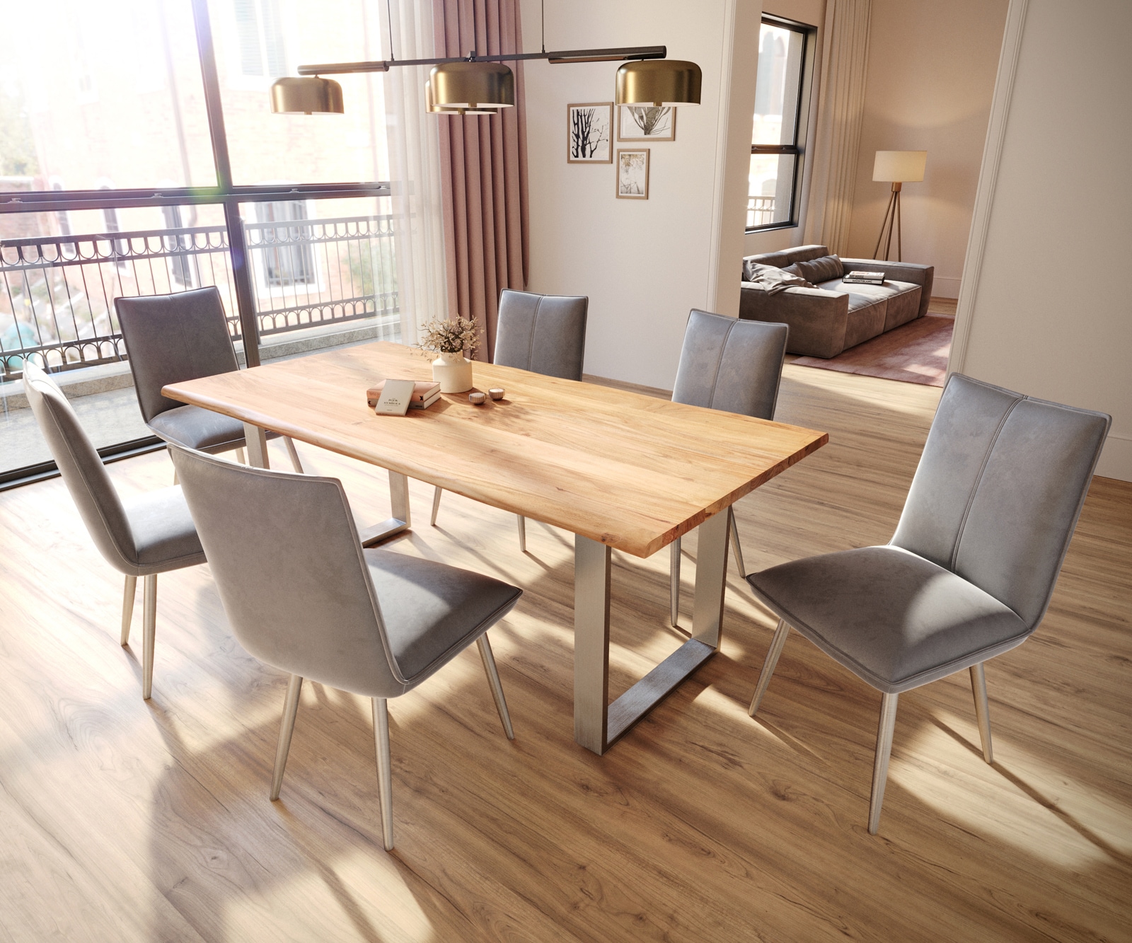 Chaise-de-salle-à-manger Lelio-Flex velours gris 4 pieds coniques acier inoxydable brossé ressorts ensachés 3 Chaise-de-salle-à-manger Lelio-Flex velours gris 4 pieds coniques acier inoxydable brossé ressorts ensachés 3