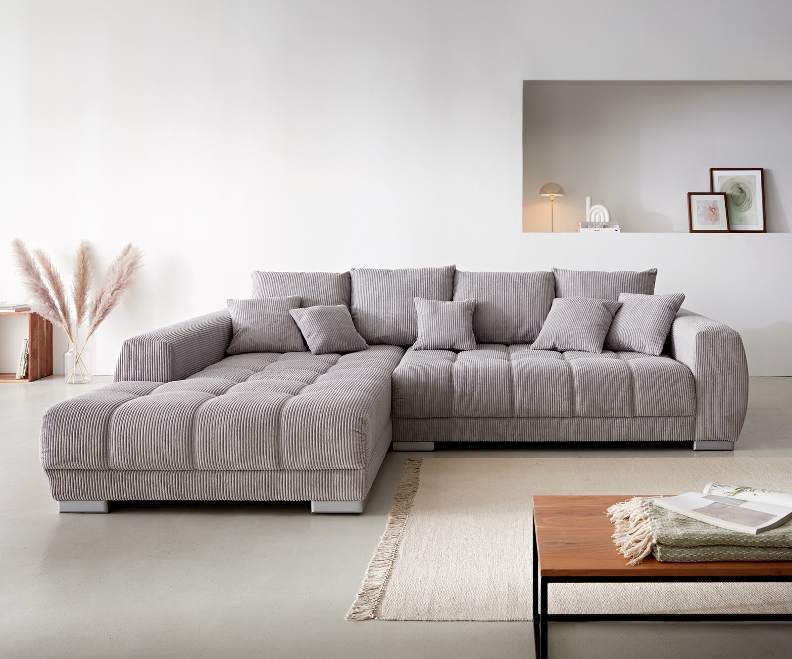 Canapé-d'angle Josea 300x220 cm velours côtelé gris argenté méridiènne gauche 2