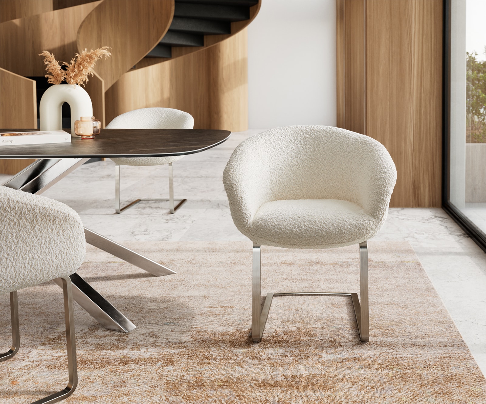 Cantilever Vinka-Flex avec accoudoirs bouclé blanc pied cantilever plat acier inoxydable brossé ressorts ensachés 1 Cantilever Vinka-Flex avec accoudoirs bouclé blanc pied cantilever plat acier inoxydable brossé ressorts ensachés 1