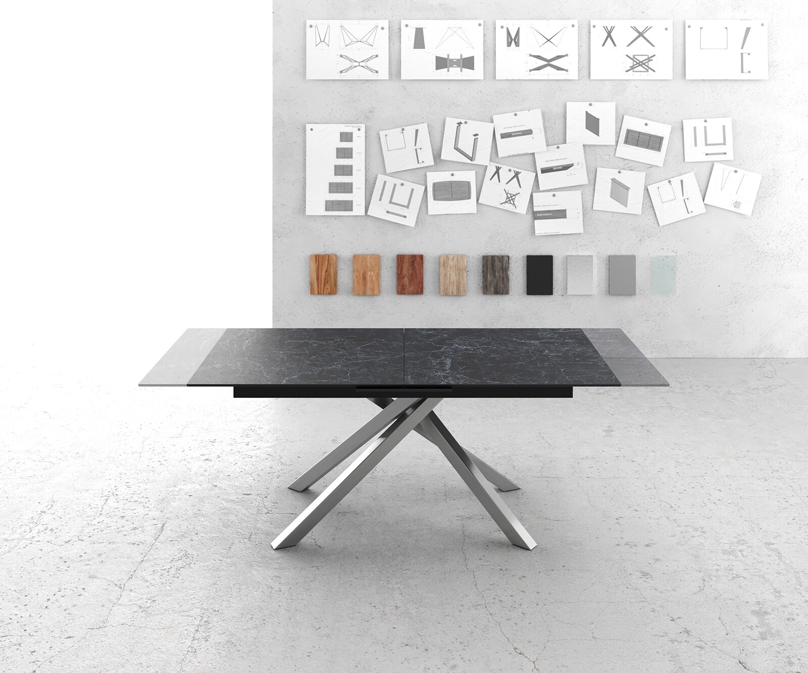 Table-à-manger Edge 180-220x100cm Laminam® céramique gris pieds milieu croisé argent 5