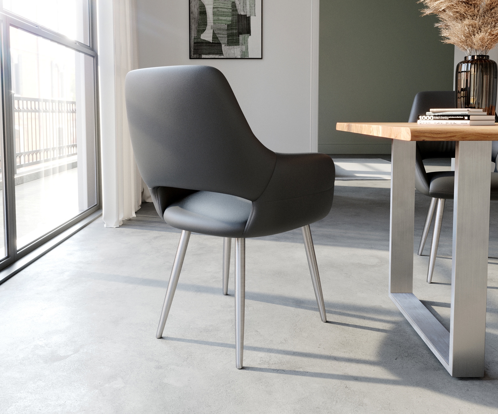 Chaise-de-salle-à-manger Yago-Flex avec accoudoirs cuir de vache noir 4 pieds coniques acier inoxydable brossé ressorts ensachés 4 Chaise-de-salle-à-manger Yago-Flex avec accoudoirs cuir de vache noir 4 pieds coniques acier inoxydable brossé ressorts ensachés 4