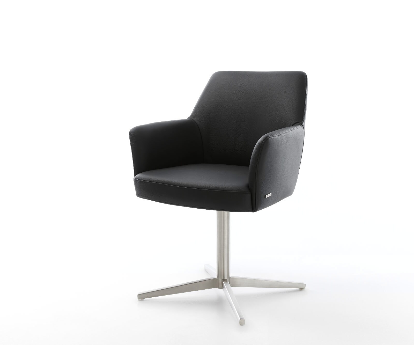 Chaise-pivotante Xana-Flex avec accoudoirs cuir de vache noir pied de chaise 4 branches acier inoxydable brossé pivotement sur 360° ressorts ensachés