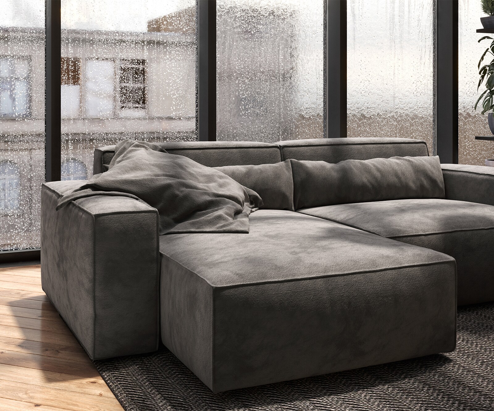 Canapé d'angle Sirpio 230x150 cm Microfibre Marron Kaki Recamiere variable avec Tabouret 4