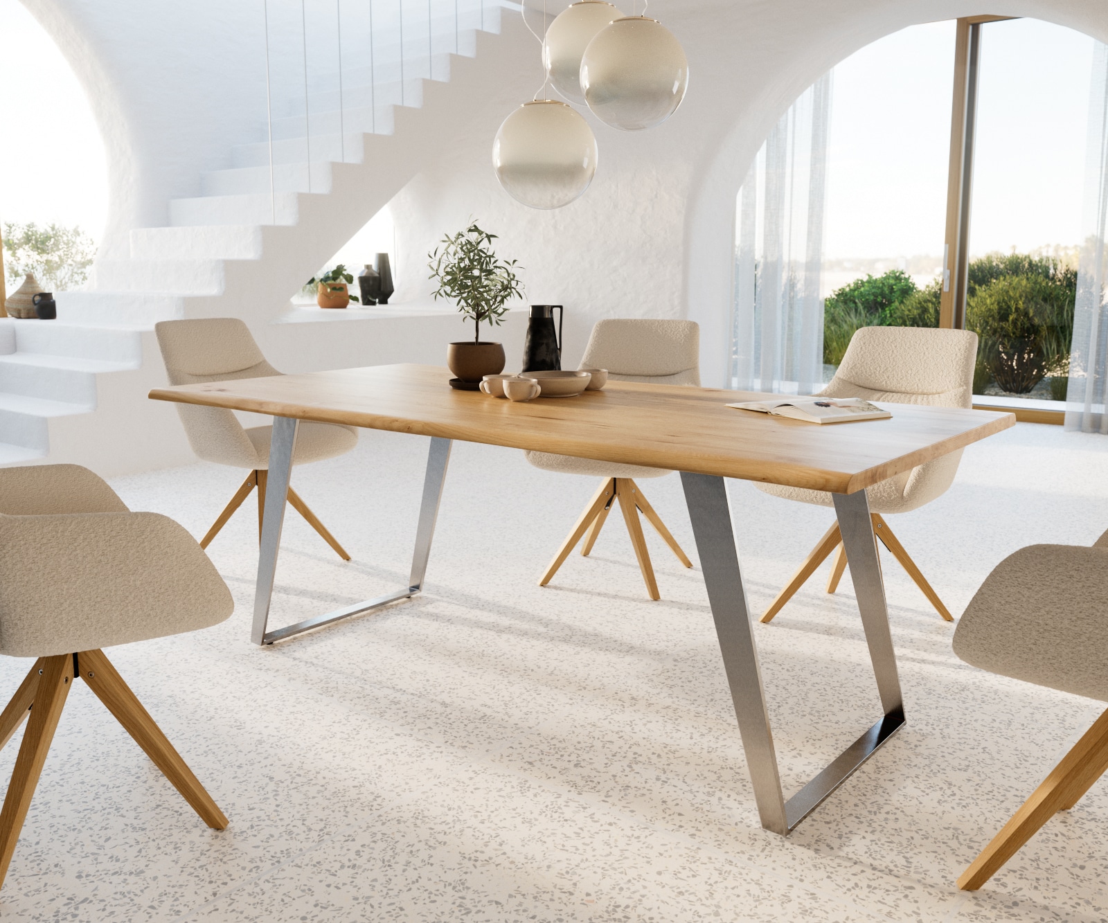 Table à manger Edge 200x100x2,5-3 chêne nature acier inoxydable inclinée Live-Edge Table à manger Edge 200x100x2,5-3 chêne nature acier inoxydable inclinée Live-Edge