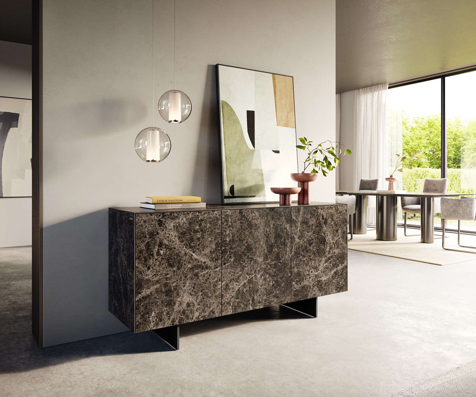 Buffet Cuor 150 cm Céramique Laminam® Emperador Extra Lucidato brun foncé 3 Portes Pied optique flottant Métal Noir 1