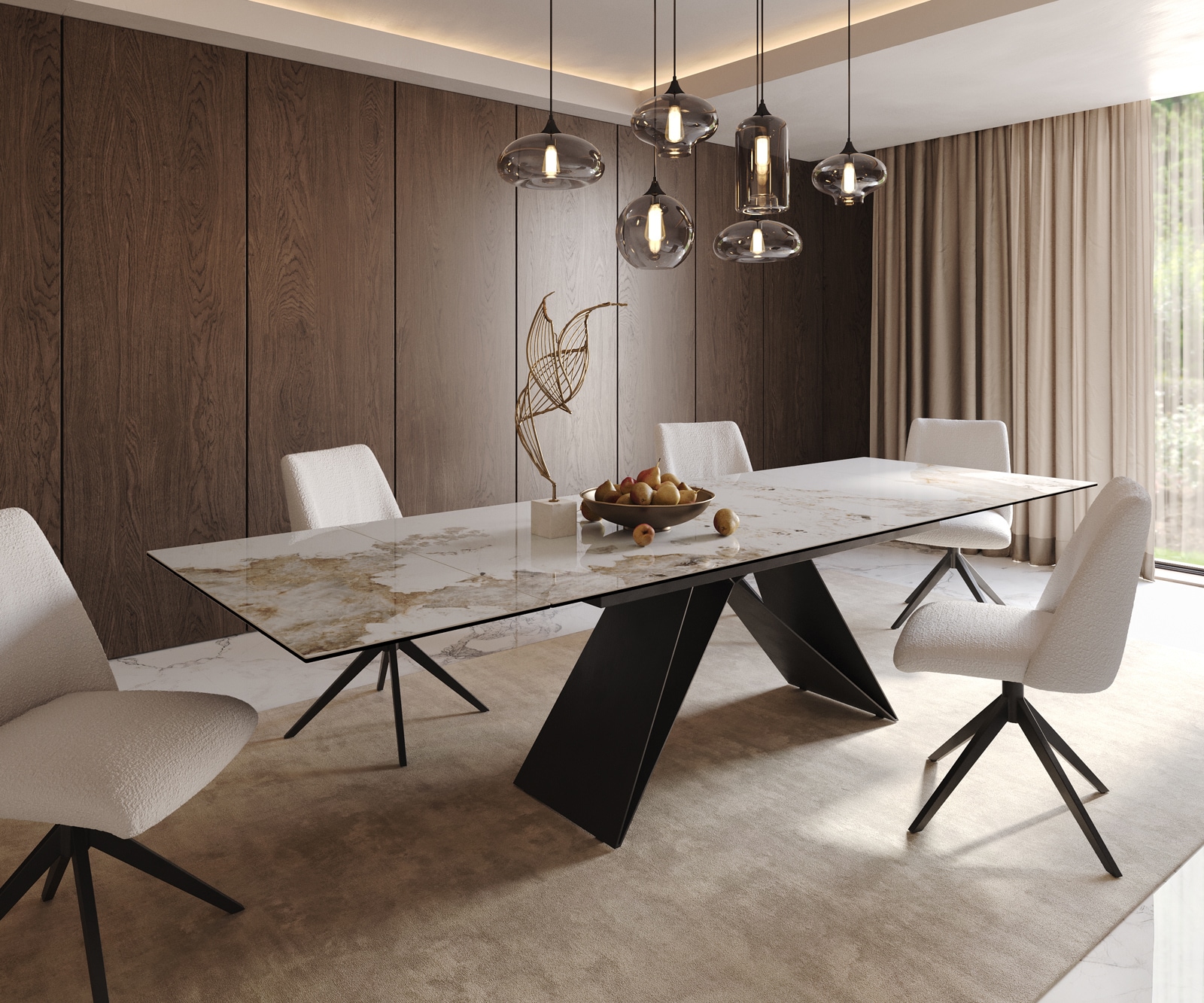 Table à manger Edge 200-300x100 céramique Minas mélange blanc-beige cadre en V acier plat noir extensible Table à manger Edge 200-300x100 céramique Minas mélange blanc-beige cadre en V acier plat noir extensible