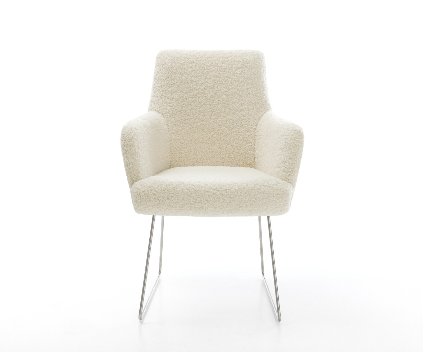 Chaise-de-salle-à-manger Heira-Flex avec accoudoirs tissu teddy beige pied trapèze acier inoxydable resorts ensachés 2