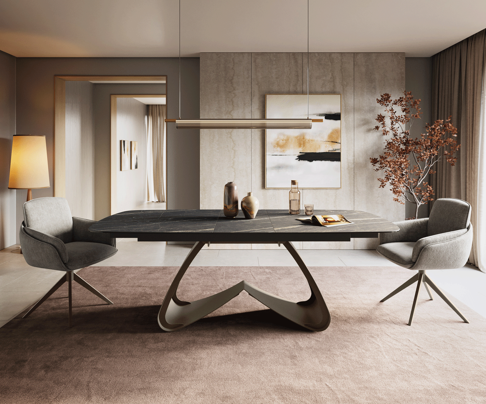 Table à manger Edge Boot 180-220x100 cm Laminam® Céramique Noir Desir Braun piètement en W Finition effet Titan extensible 2