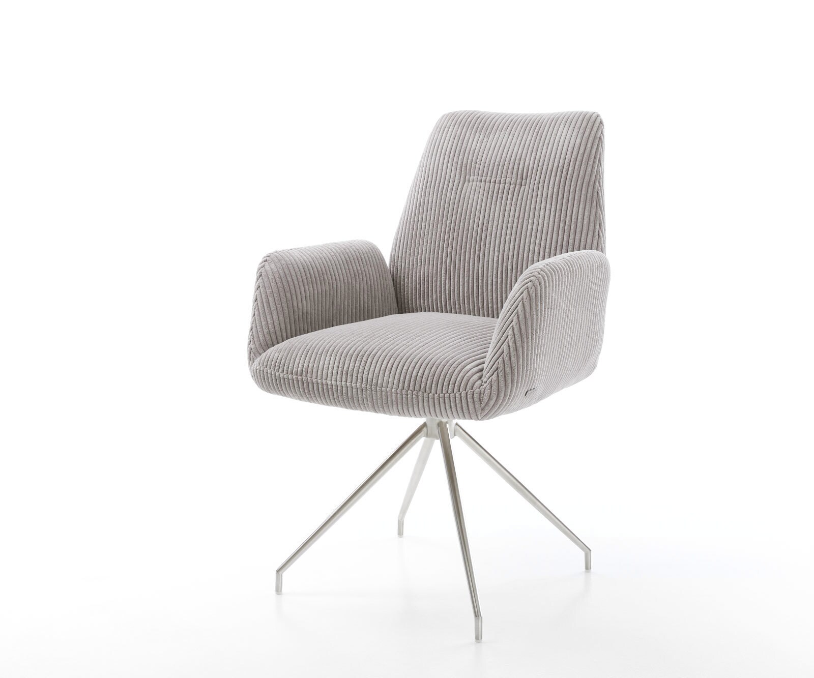 Chaise-de-salle-à-manger Zoa-Flex côtelé gris argenté pied croisé conique acier inoxydable brossé ressorts ensachés