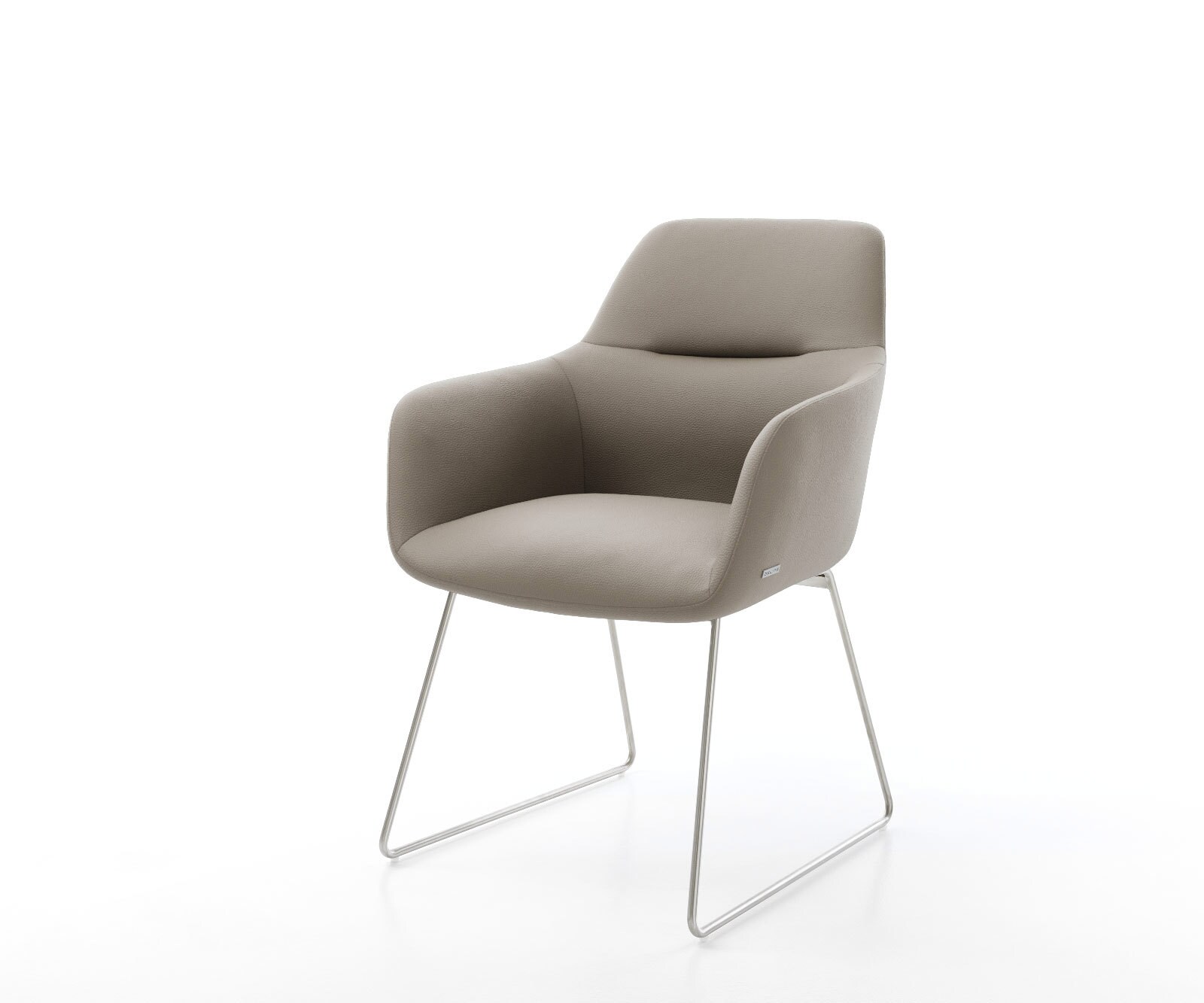 Chaise-de-salle-à-manger Pejo-Flex cuir de vache couleur boue pied trapèze acier inoxydable brossé ressorts ensachés