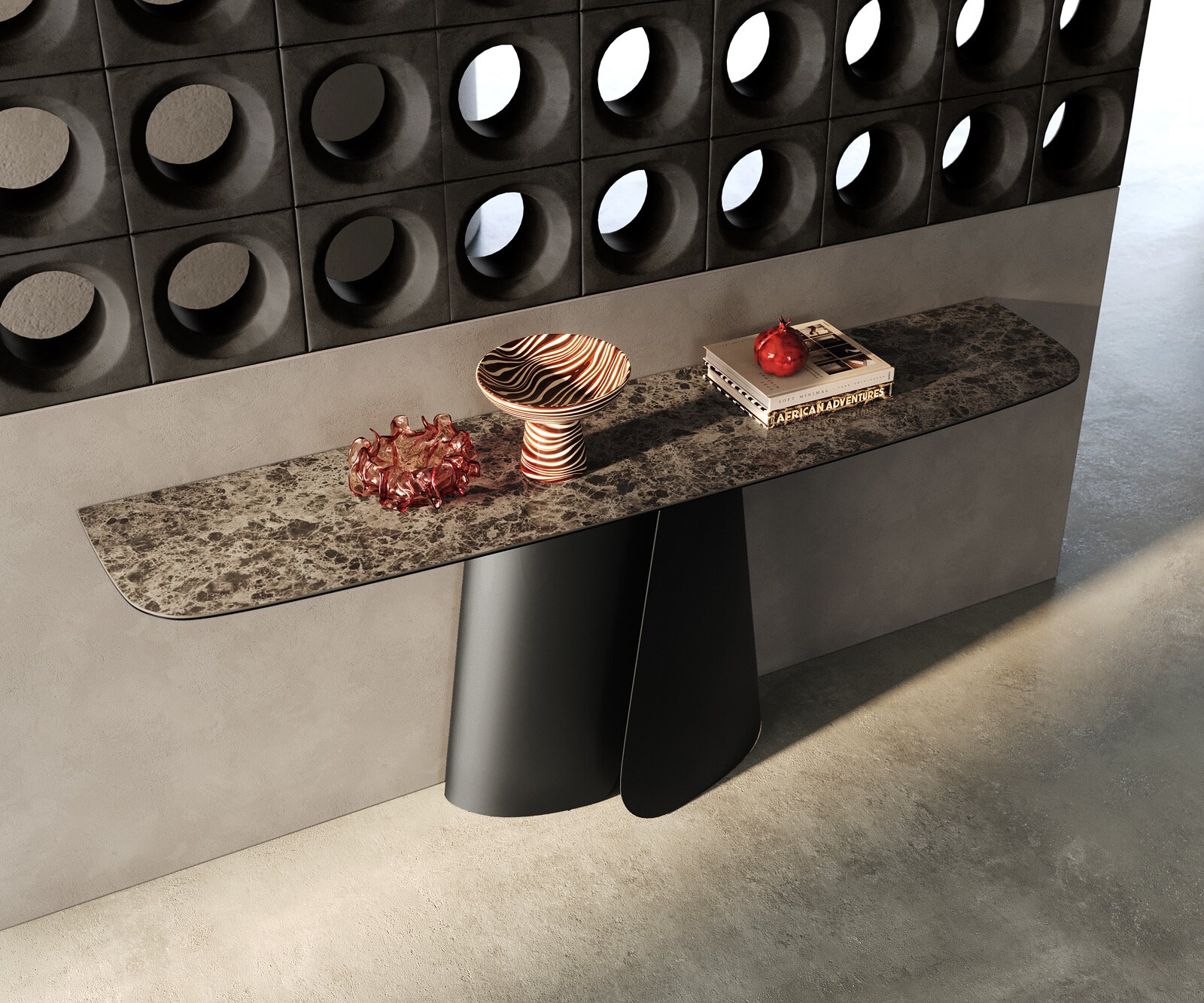 Console Edge forme bateau 180x40 cm Céramique Emperador Extra Lucidato Dunkelbraun Livos Métal Noir 2