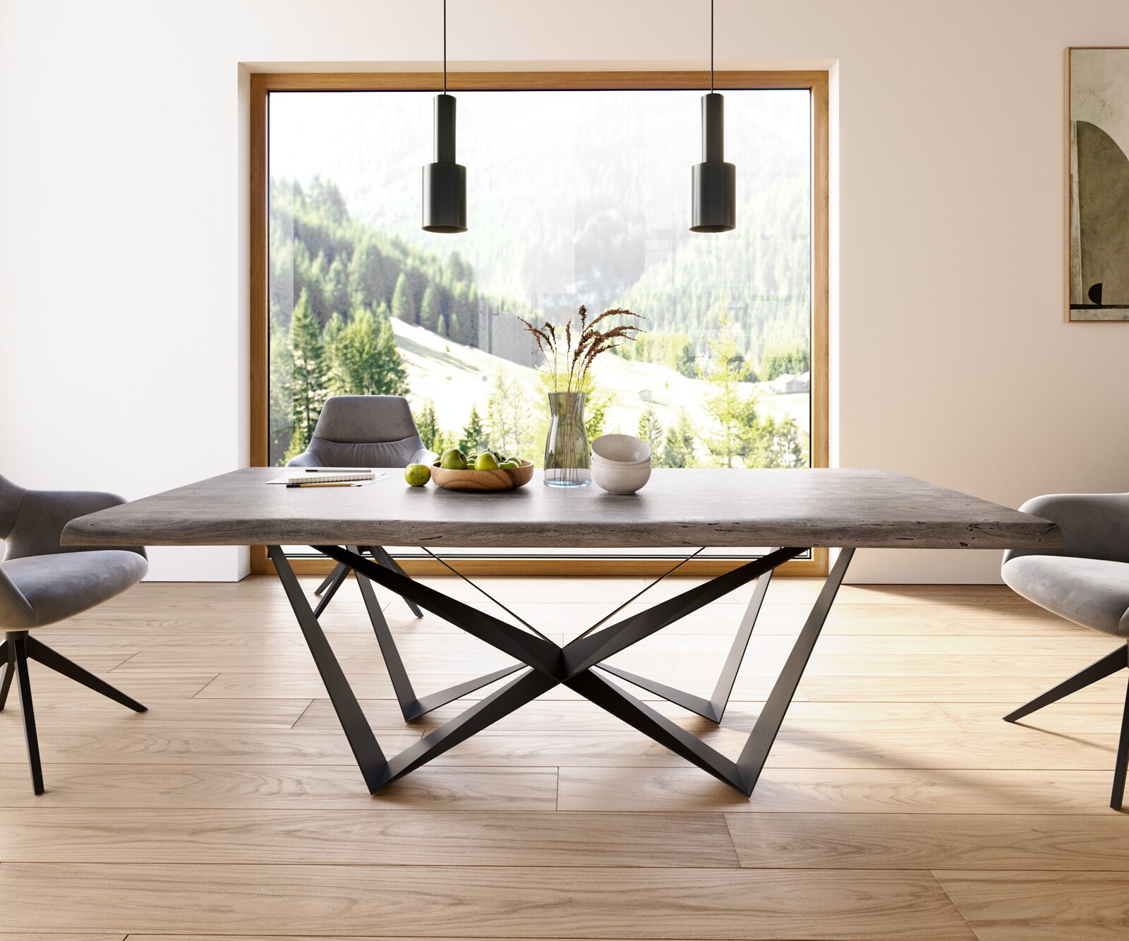 Table à manger Edge 220x100 XL acacia platine Spider acier plat noir Live-Edge 2
