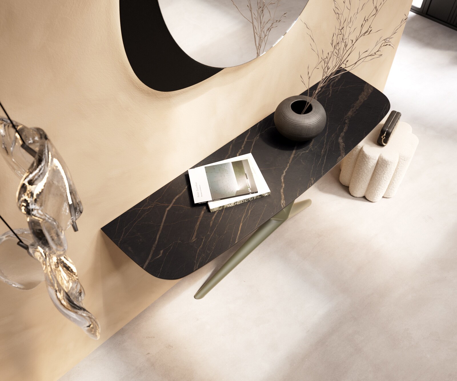 Console Edge forme bateau 140x40 cm Céramique Laminam® Noir Desir Braun Estelo Métal Effektfinish Titan 2