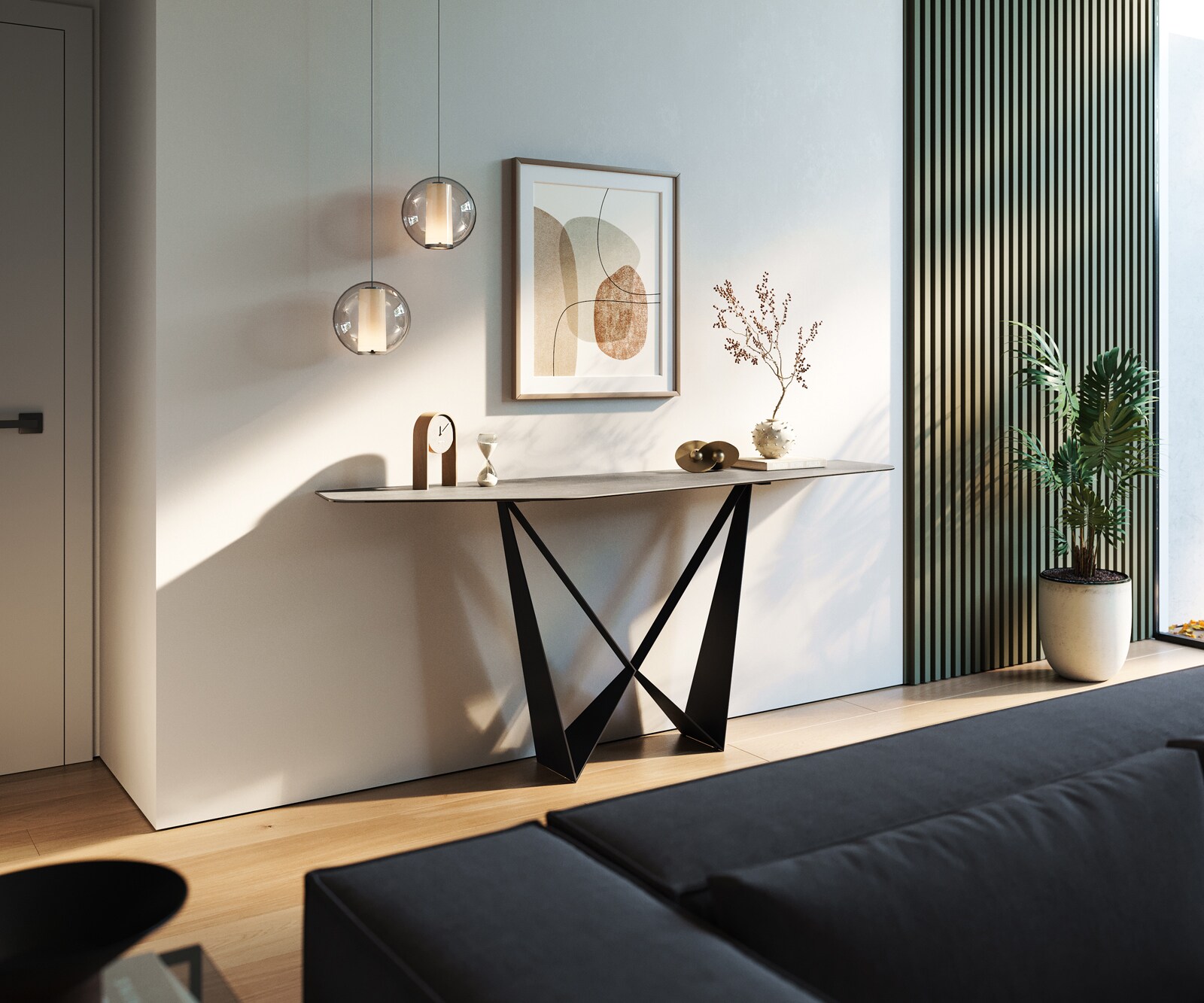 Console Edge Polygonal 180x50 cm Céramique Gris béton Spios Métal Noir 7