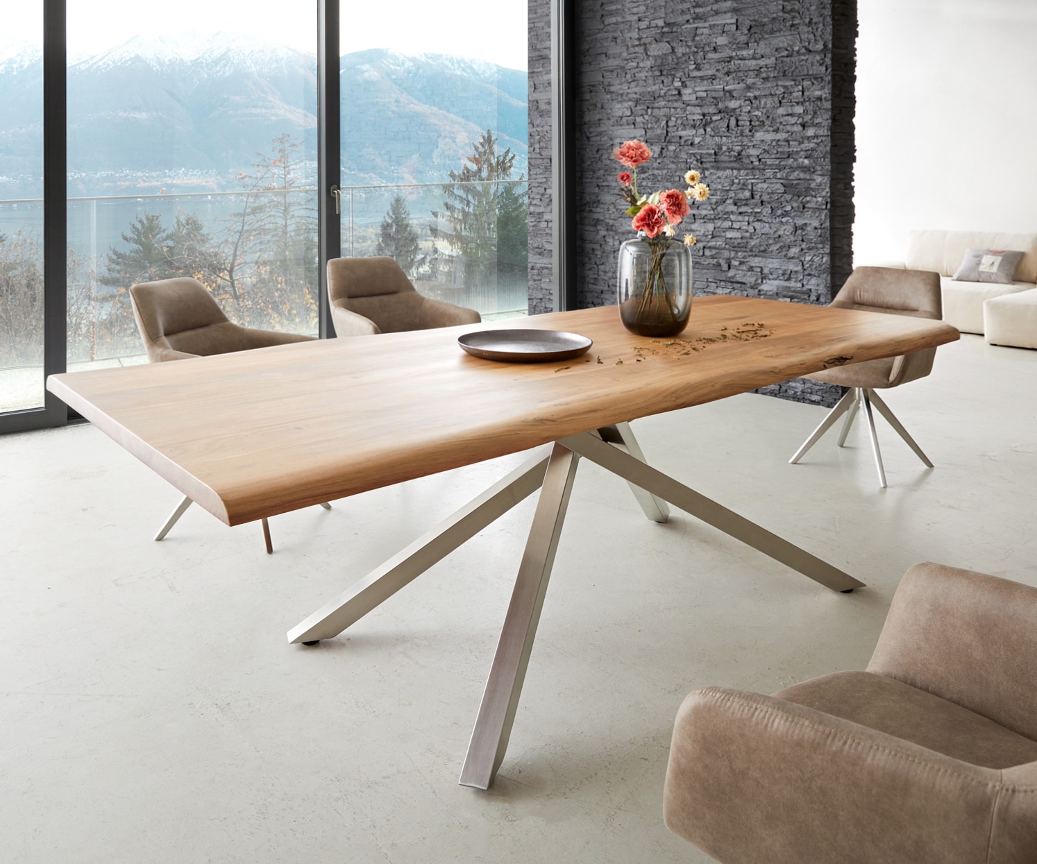 Table à manger Edge 240x100 acacia nature cadre croisé rectangle acier inoxydable Live-Edge Table à manger Edge 240x100 acacia nature cadre croisé rectangle acier inoxydable Live-Edge