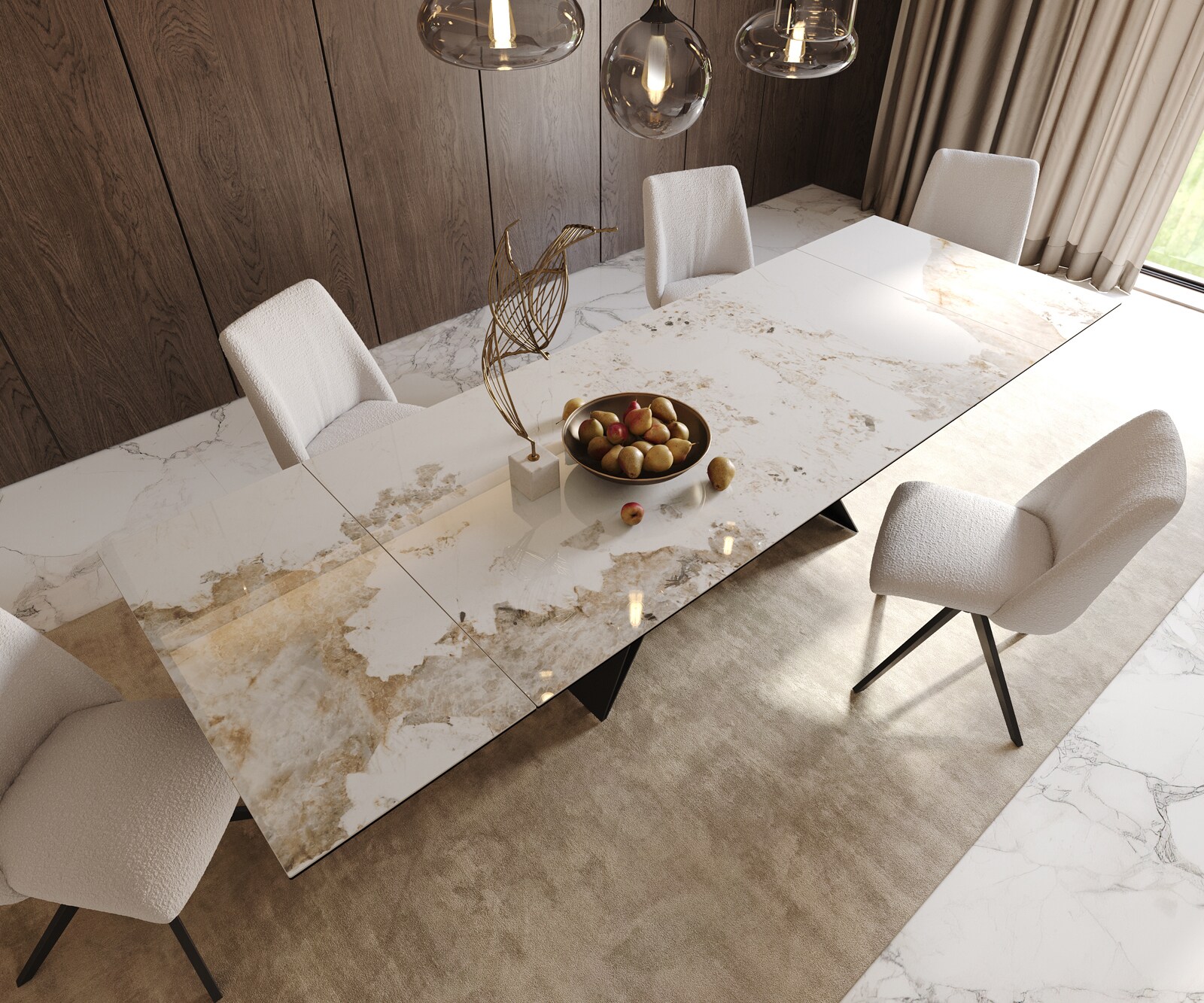 Table à manger Edge 200-300x100 céramique Minas mélange blanc-beige cadre en V acier plat noir extensible 5