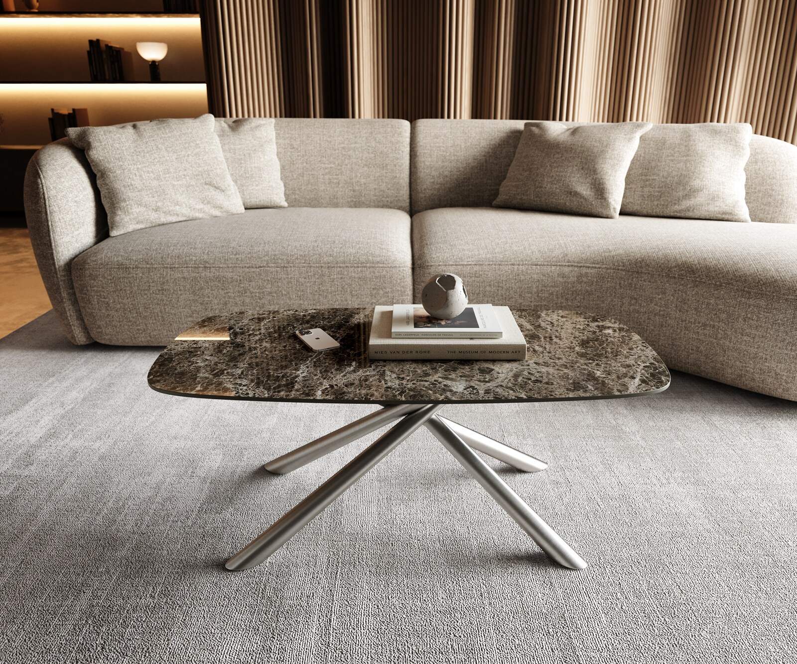 Table basse Edge bateau 100x50 cm céramique Emperador Extra Lucidato brun foncé Sarity acier inoxydable brossé 1