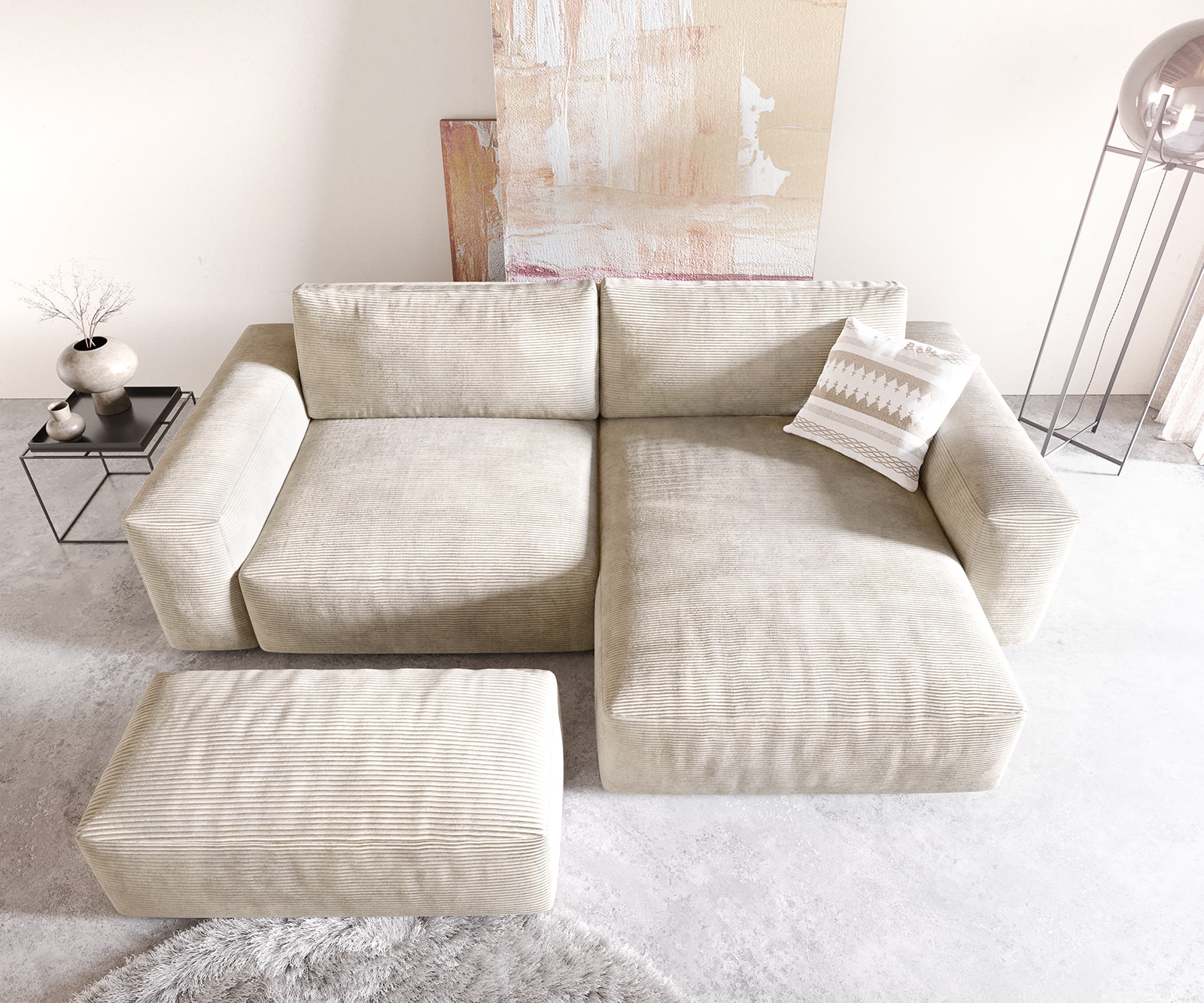 Canapé d'angle Lanzo XL 270x180 cm Velours côtelé Beige Recamière variable avec Tabouret 3 Canapé d'angle Lanzo XL 270x180 cm Velours côtelé Beige Recamière variable avec Tabouret 3