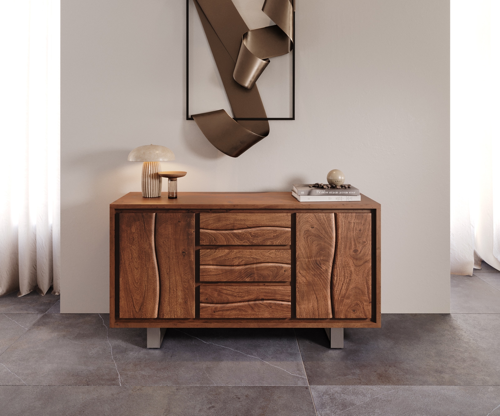 Commode Live-Edge 147 cm acacia marron 3 tiroirs 2 portes 2