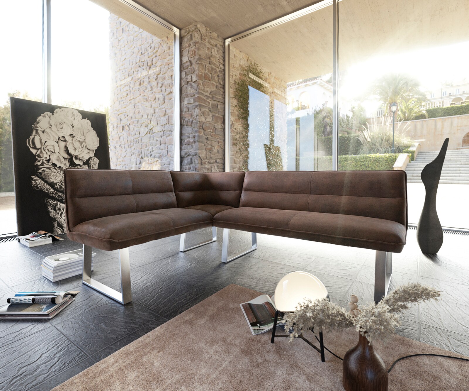 Banc-d'angle Salvo 200x160 cm structure inoxydable vintage marron variable