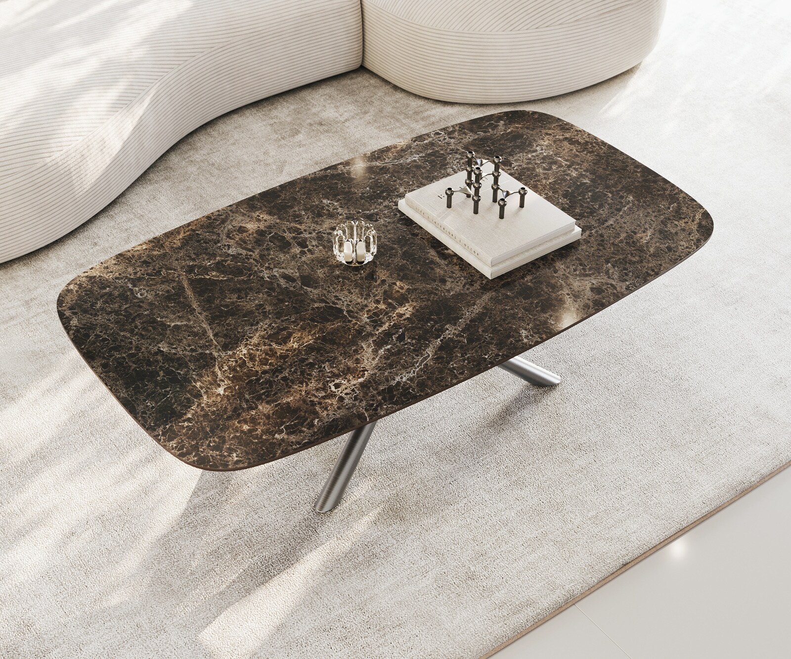Table basse Edge bateau 140x80 cm céramique Emperador Extra Lucidato brun foncé Sarity acier inoxydable brossé 3