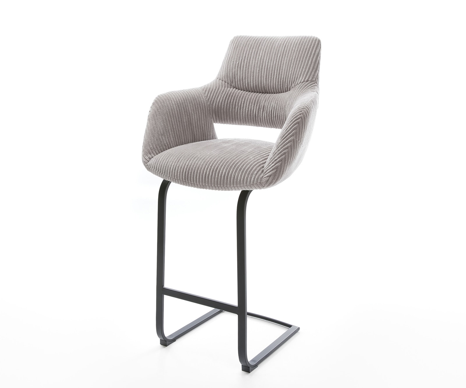 Chaise-de-bar Yago-Flex Cord gris argenté Piétement luge plat métal noir Ressorts ensachés Chaise-de-bar Yago-Flex Cord gris argenté Piétement luge plat métal noir Ressorts ensachés